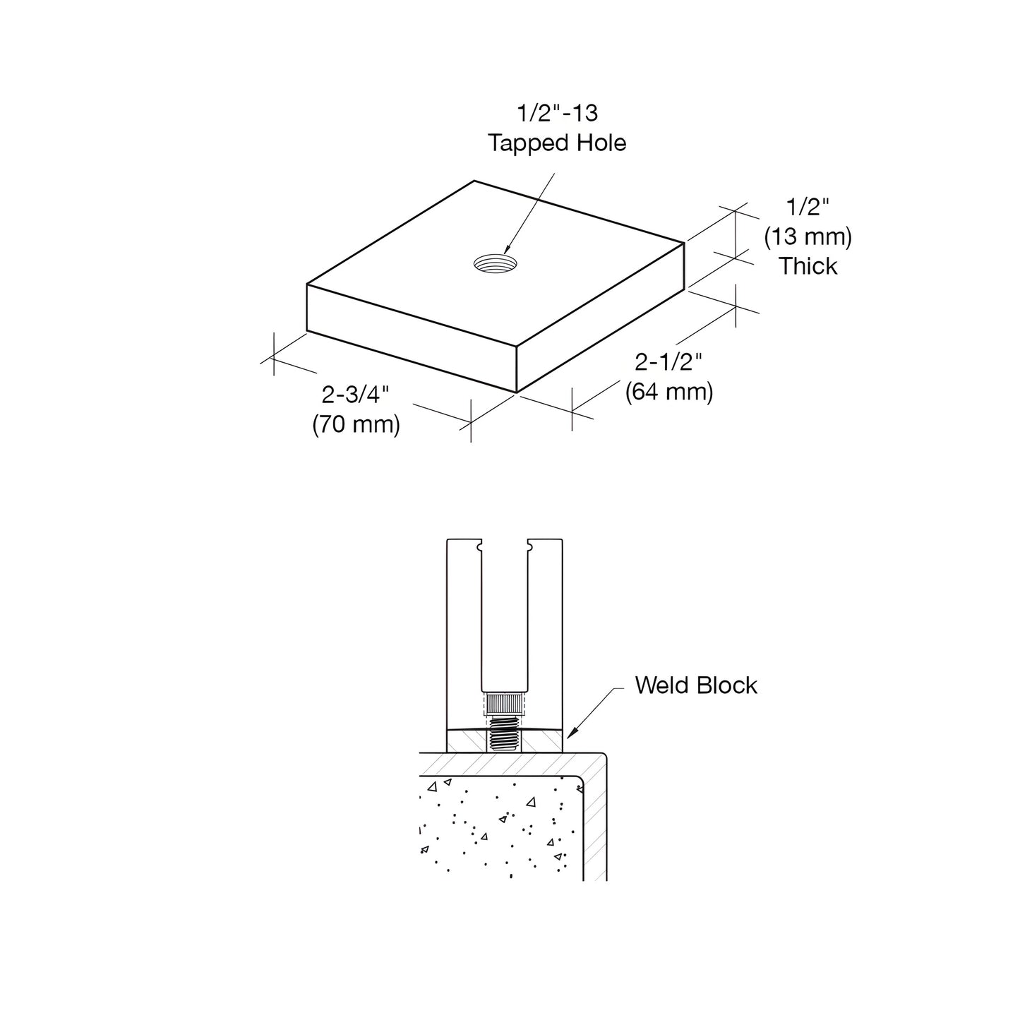 Mill steel weld block BSWB712, 2-1/2 x 2-3/4 in, 1/2 in thick, centered 1/2-13 tapped hole.