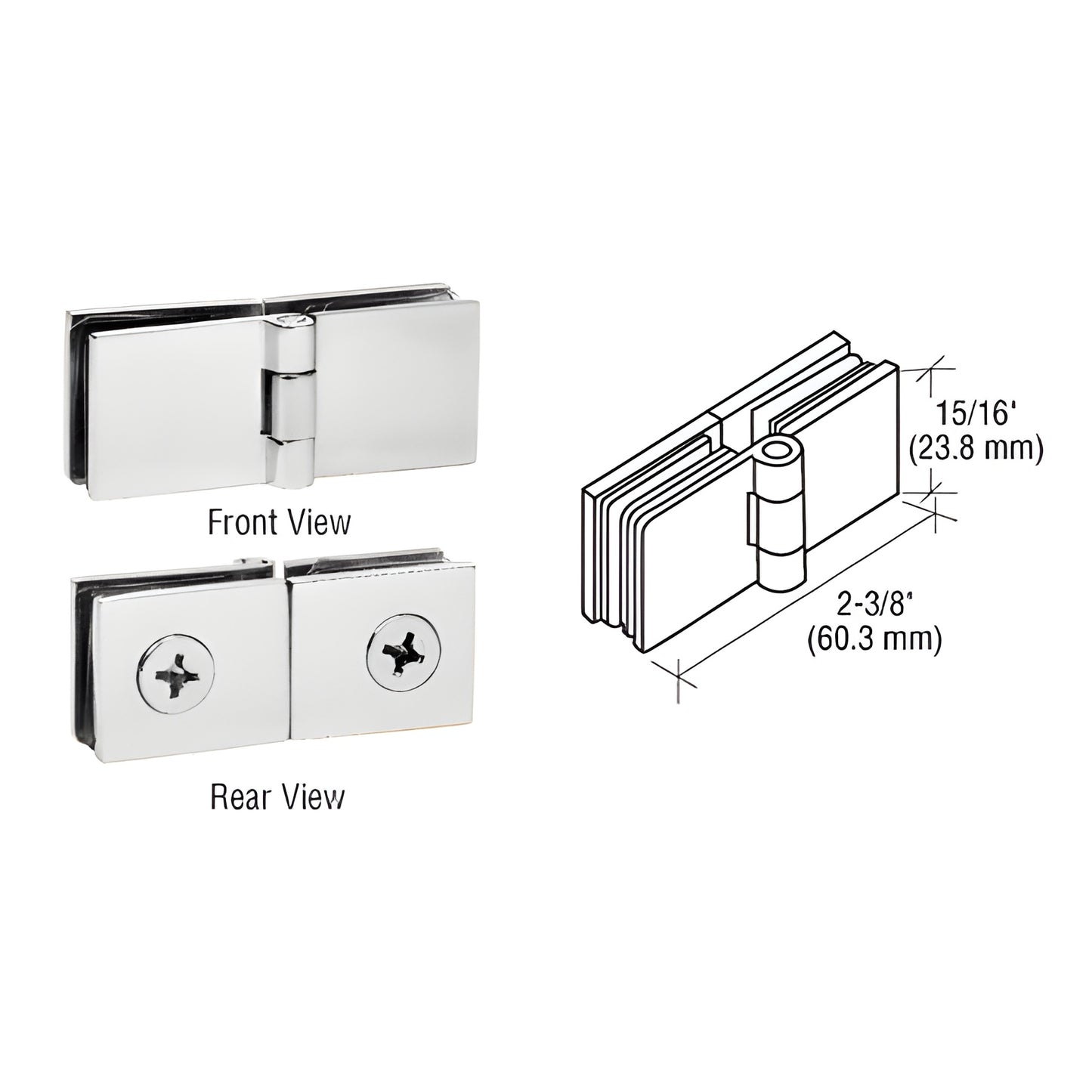 Polished chrome brass 90 glass-to-glass return hinge (EH250) for 6-8mm glass, 2-3/8" open, 15/16" high, screw mount.