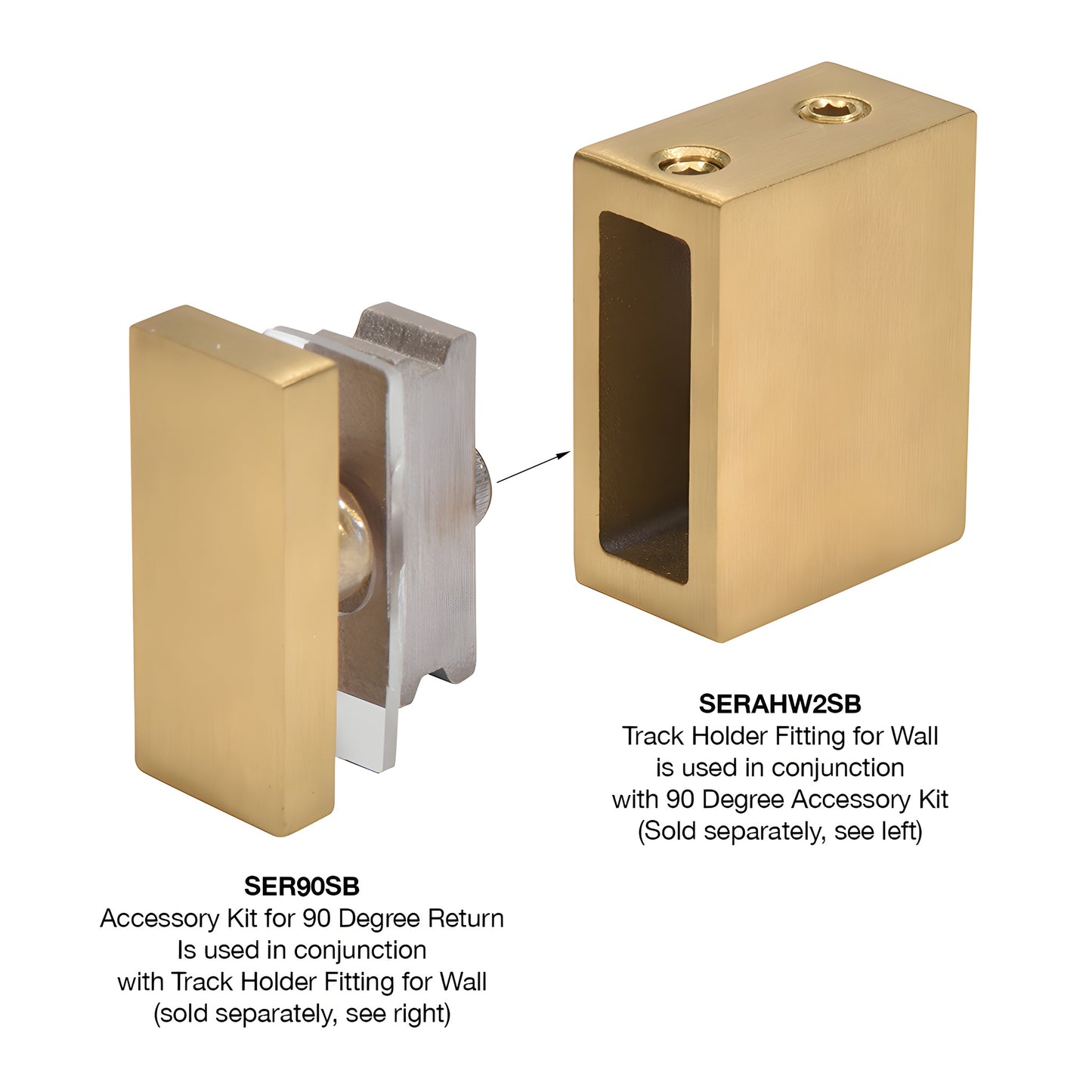 Satin brass 90 end cap accessory (SER90SB) for Senior Serenity frameless shower, stainless steel backing