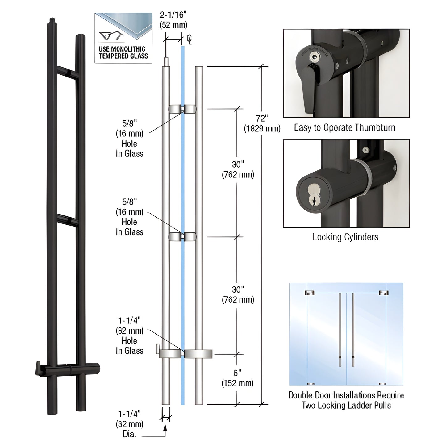 Matte black 72" upward-locking ladder pull for 3/4" tempered glass doors with concealed deadbolt, SKU LLPUA72MBL