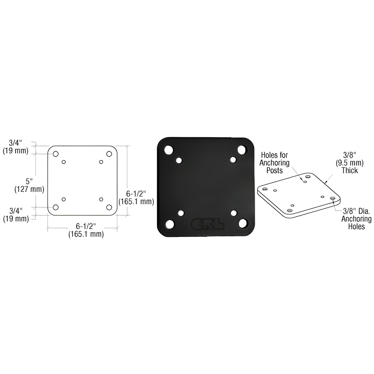 Matte black 6-1/2" square aluminum base plate for 4x4 posts with countersunk screw holes and 3/8" anchor holes, includes mois