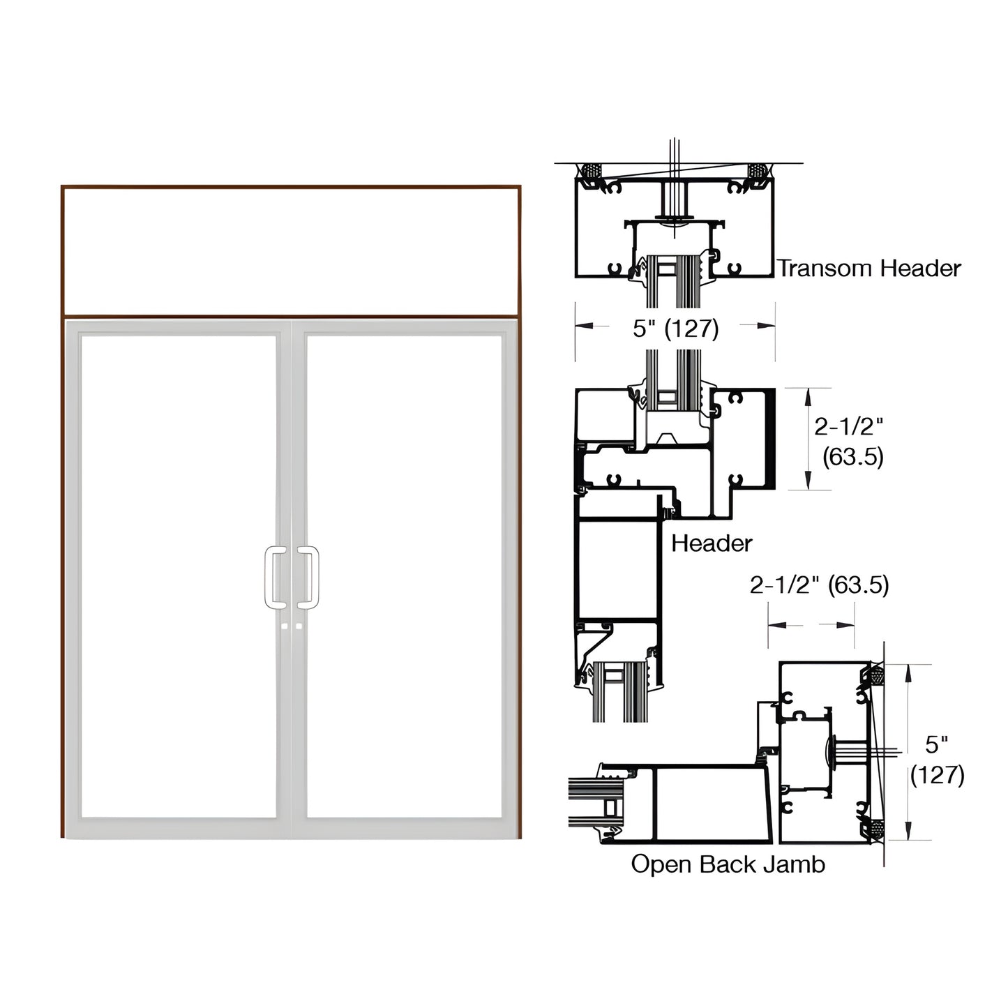 Double transom hurricane impact door frame, Black Bronze Anodized Class 1, 2-1/2" x 5" profile with technical drawing. SKU 0F