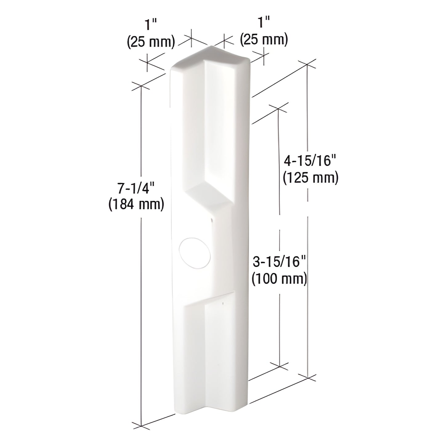 White diecast outside pull (SKU C1113) for sliding doors, 7-1/4" long, with 3-15/16" and 4-15/16" screw hole spacing.