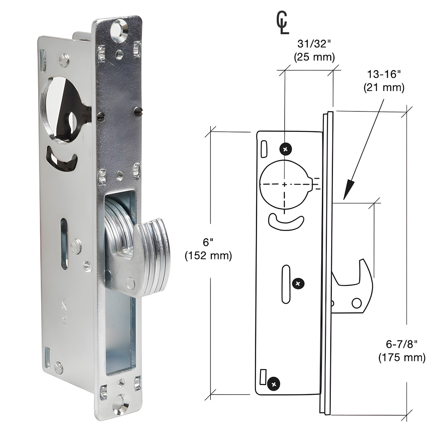 DL2130A narrow-stile aluminum deadlock, 13/16" hook latch, 31/32" backset, 5-ply laminated steel bolt.