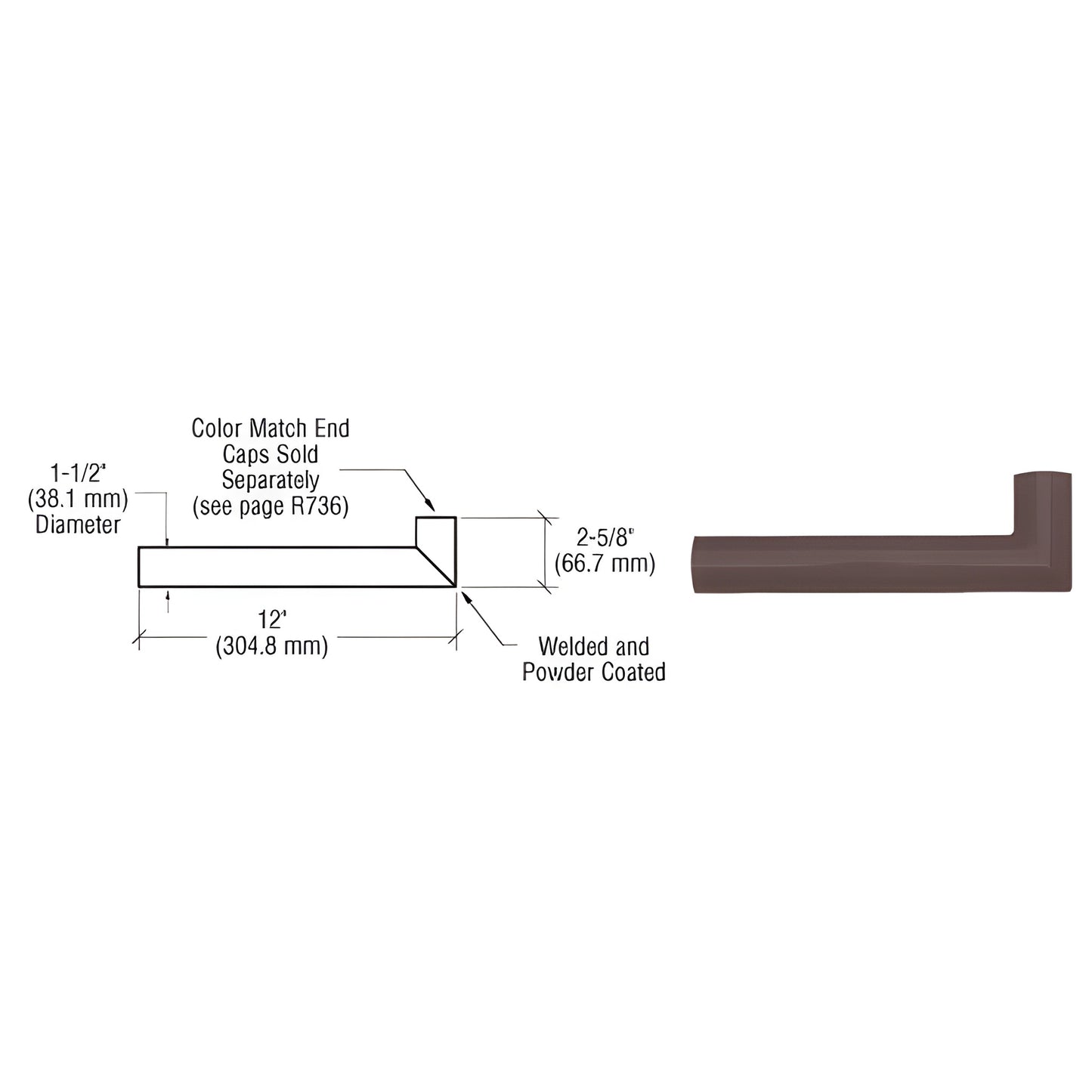 Matte bronze 90 aluminum wall return for 1-1/2" handrail, 12" long side (SKU ARWR1BRZ)
