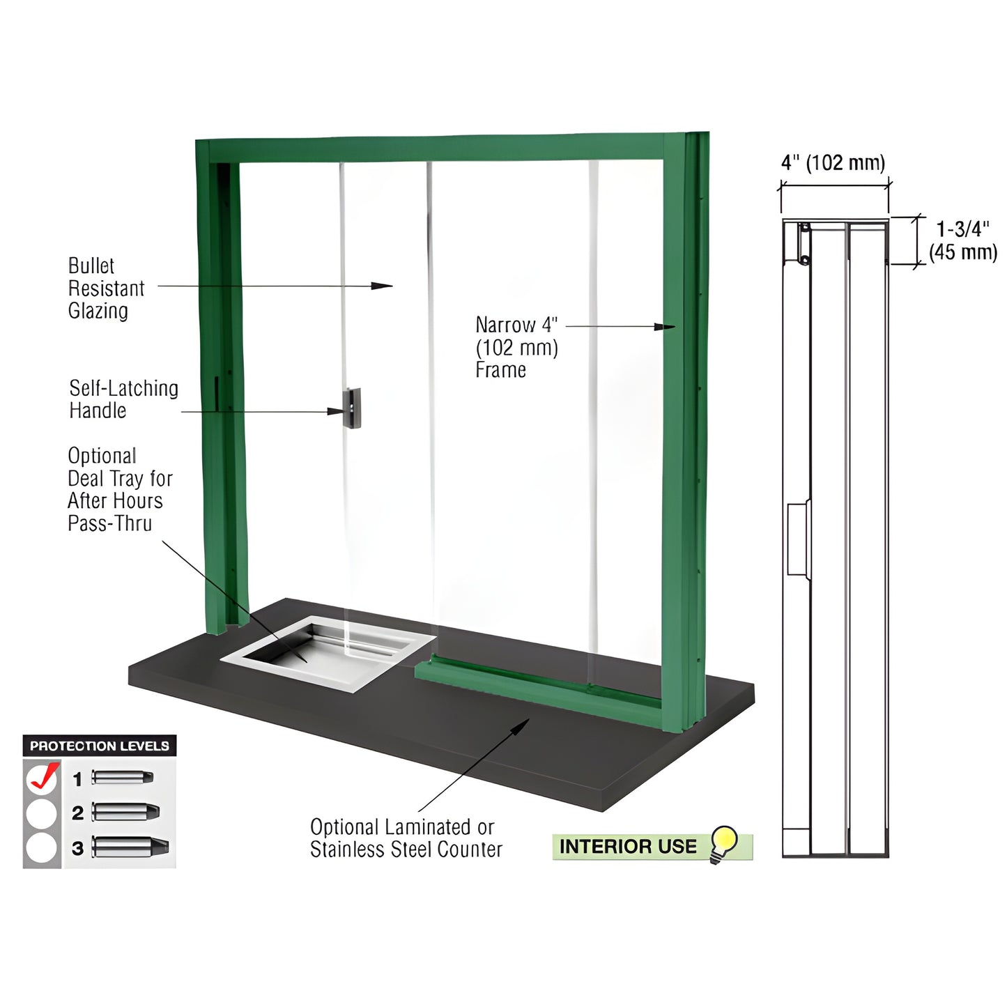 Bullet-resistant interior sliding service window (SKU SBRWK1), aluminum frame, 1-1/4" glazing, self-latching handle, optional