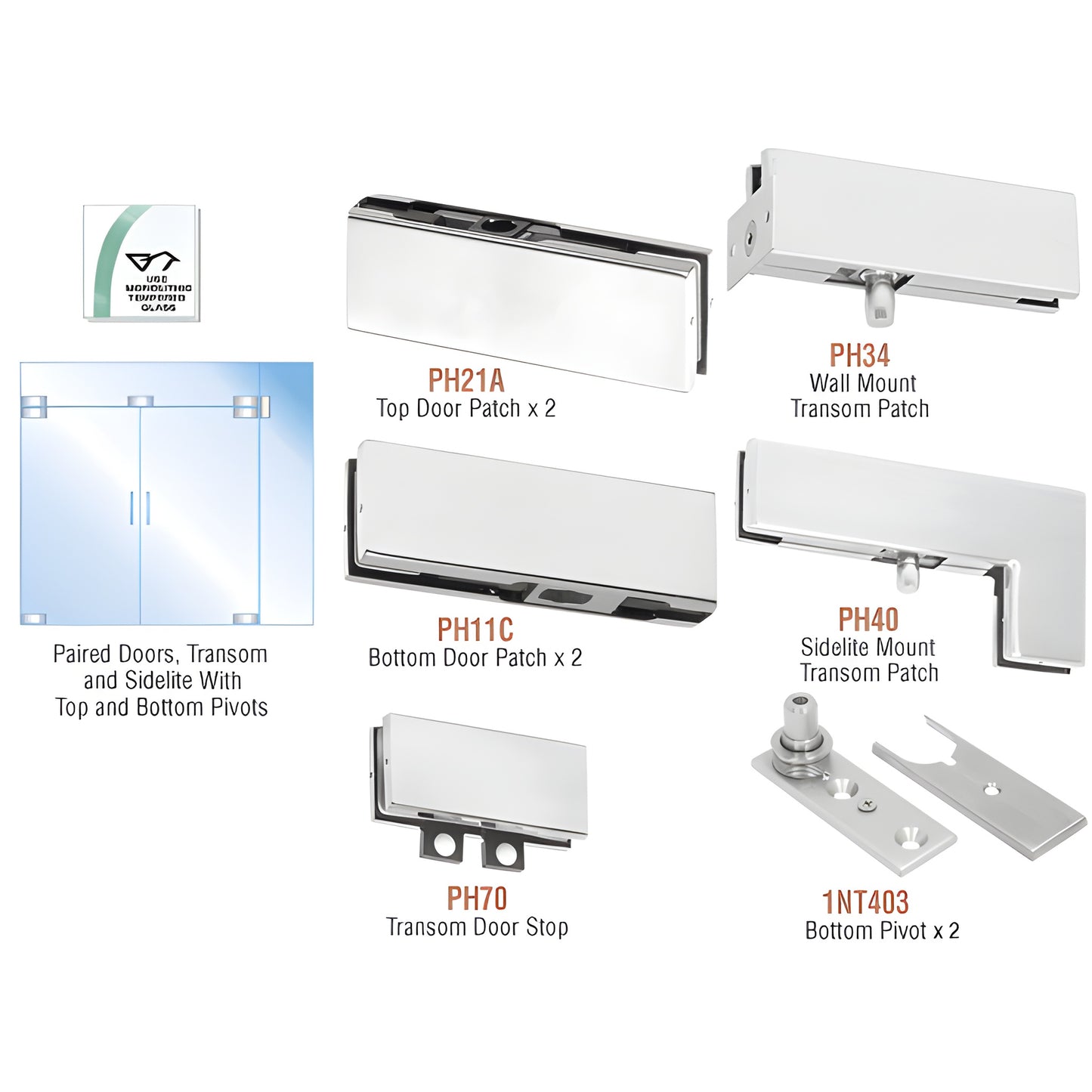 CRL PHE7A European double-door pivot hardware kit, satin anodized patches, pivots and transom parts for 3/8 or 1/2 in. glass