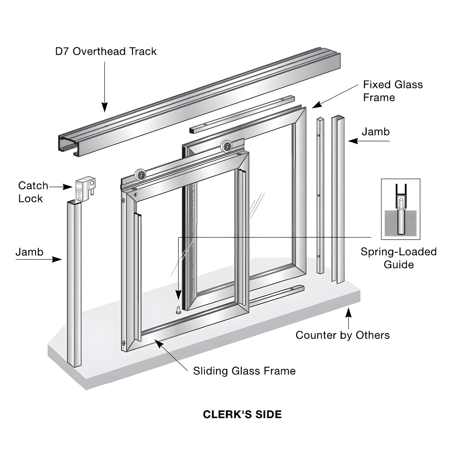 Florence 36x48 sliding glass transaction window (XO), satin anodized frame, 1/4" clear tempered glass, SKU D1038AX03648