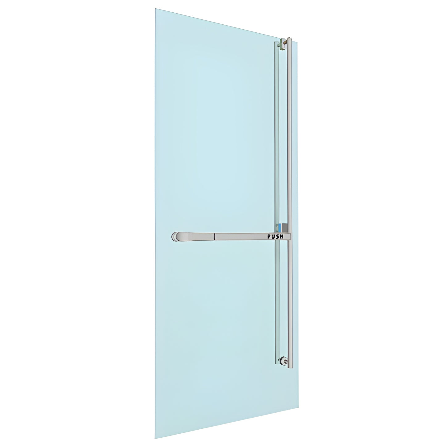 Brushed stainless Blumcraft PA-310 panic bar and vertical pull mounted on glass door, right-hand, keyable exterior