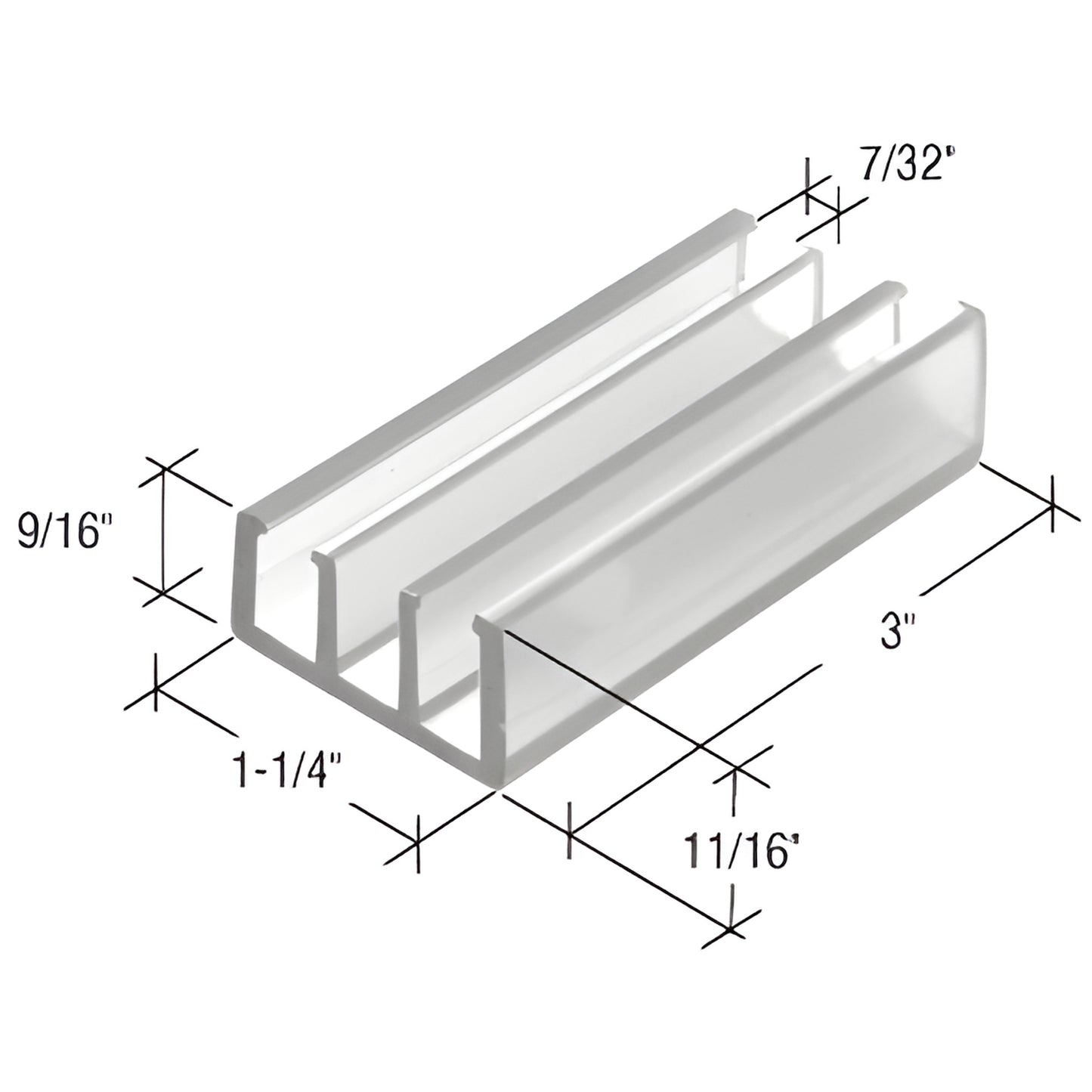 CRL clear nylon bottom guide M6089 for frameless sliding shower doors, 3" long 1 1/4" wide, 11/16" high, 7/32" slot.