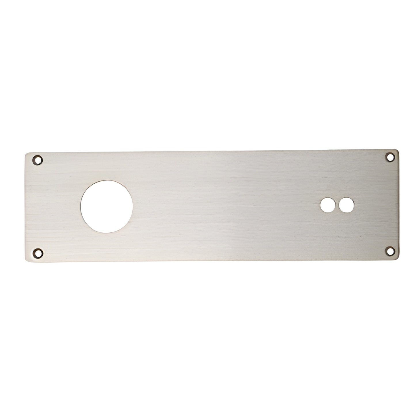 Anodized aluminum cover plate (3-3/4" x 12-1/2") with one large hole, two small holes and four corner screw holes.