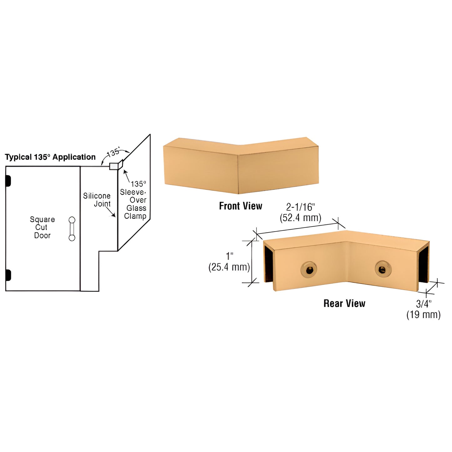Satin brass 135 sleeve-over glass clamp, solid brass, fits 8-12mm (5/16-1/2") frameless panels