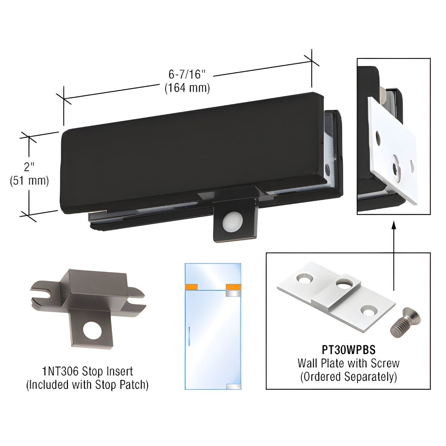 Matte black DORMAKABA wall-mounted transom patch fitting for 3/4" (19 mm) glass, SKU PT3034MBL.