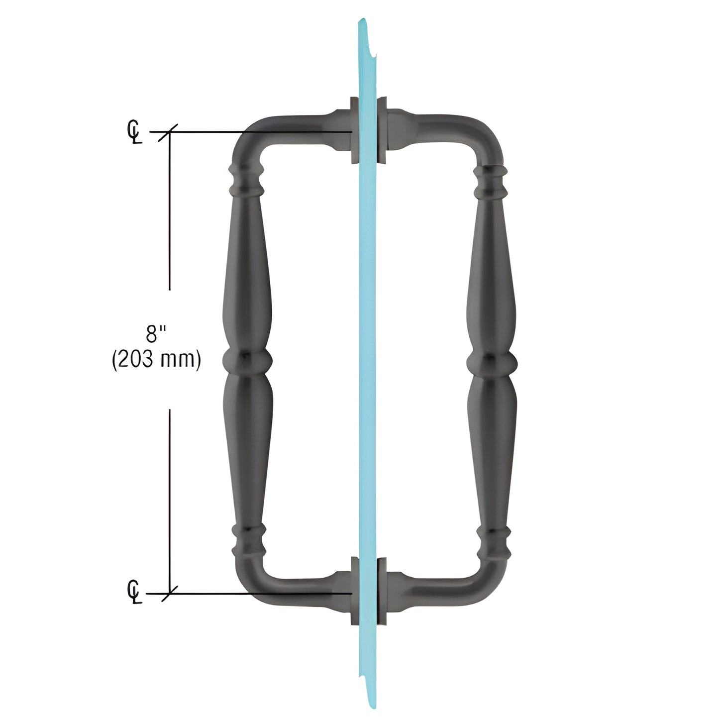 Matte black Victorian solid brass back-to-back glass door pull, 8" c-c, fits 1/4"-1/2" (6-12mm) glass.