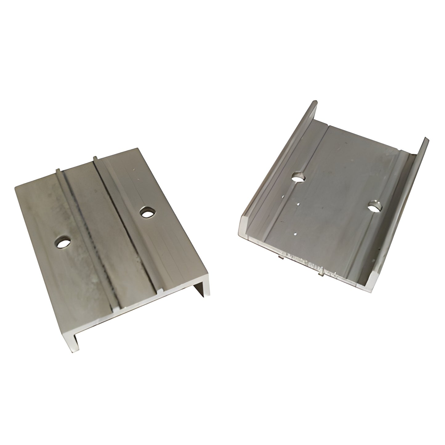 Aluminum base shoe, mill finish, for fixed sliding door panel, two pieces shown. SKU CS227