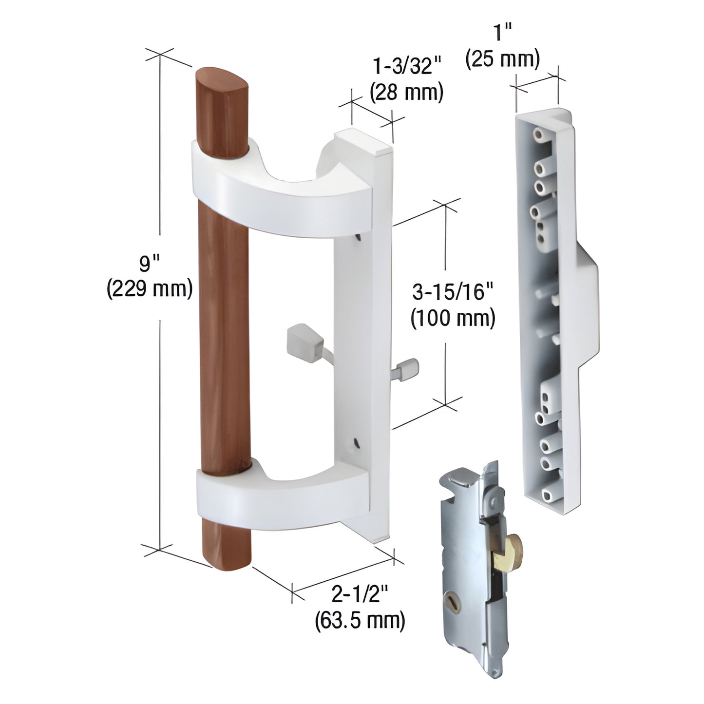White mortise sliding glass door handle with 9" wood grip, 3 15/16" mounting centers, includes E2014 latch - SKU C1219