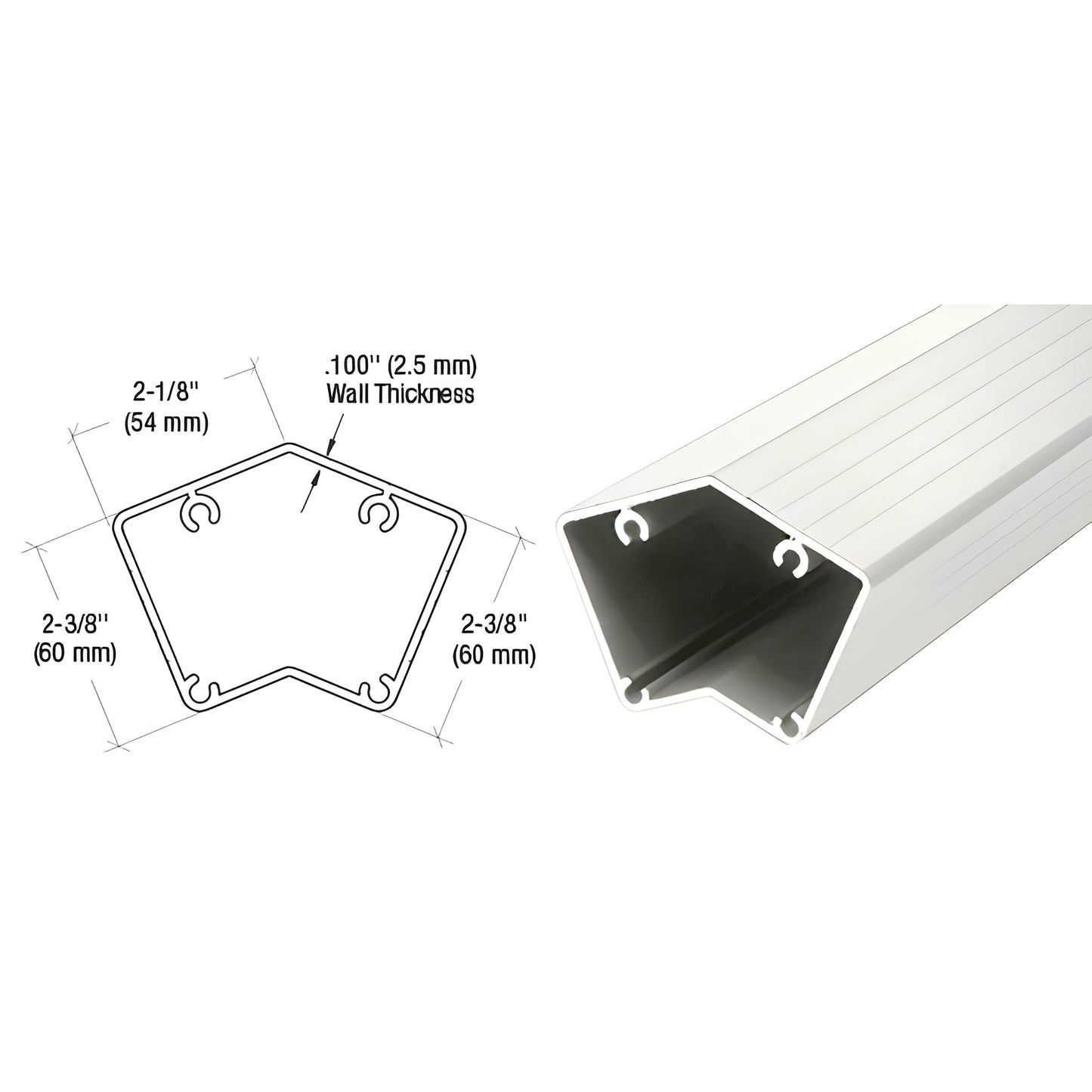 135 aluminum fascia post SKU 1FP536S, silver metallic, 6005 T5, .100 inch wall, profile and diagram.