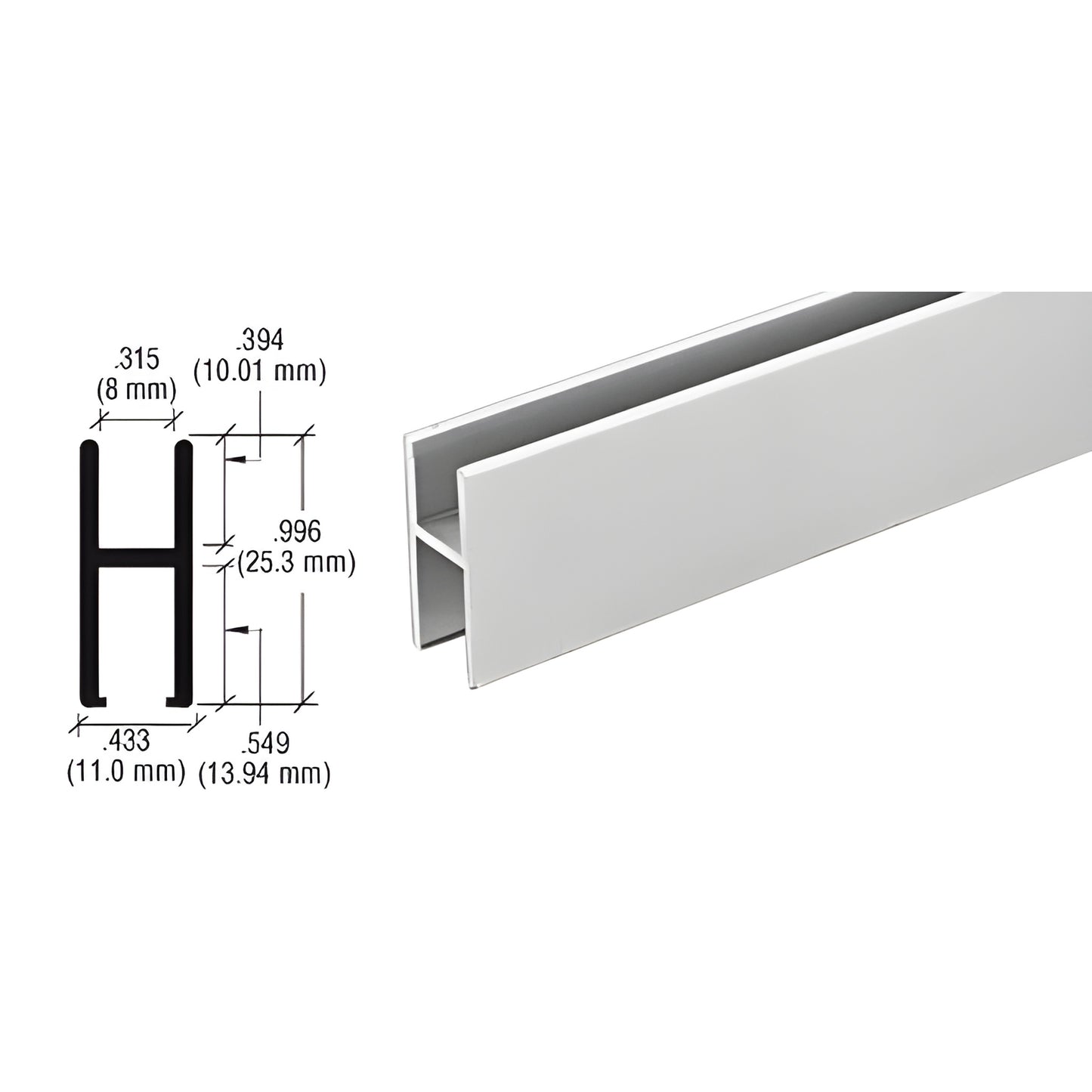 D610A satin anodized aluminum H-bar for 5-6 mm (3/16-1/4") glass, 144 in. track with profile dimensions shown.
