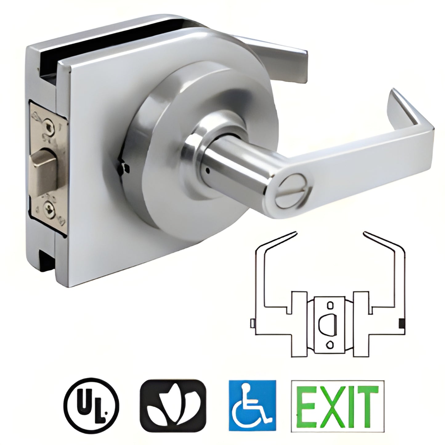 LH40SA satin anodized round lever lock housing with rectangular lever for 1/2" glass, low-profile commercial lock