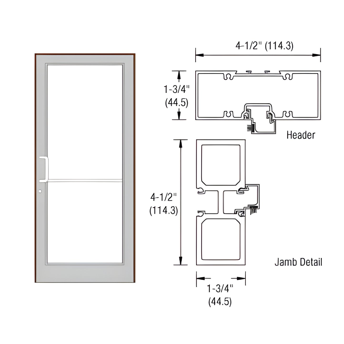 FD11522 black bronze anodized aluminum door frame, full-door illustration plus header and jamb cross-section drawings with di