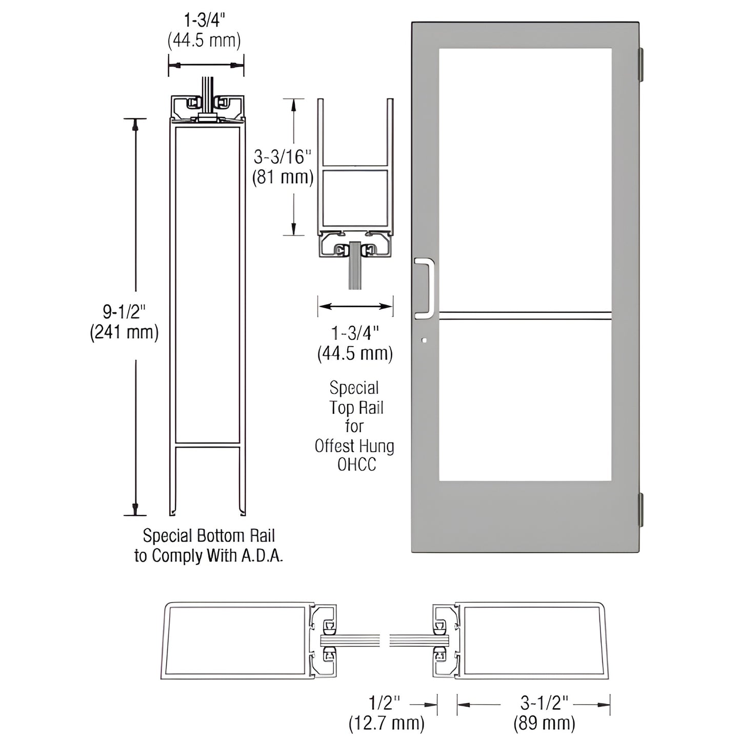 Clear anodized aluminum storefront entrance door diagram; ADA 9-1/2" bottom rail, 3-1/2" stiles, fits 1/4" or 1" glass