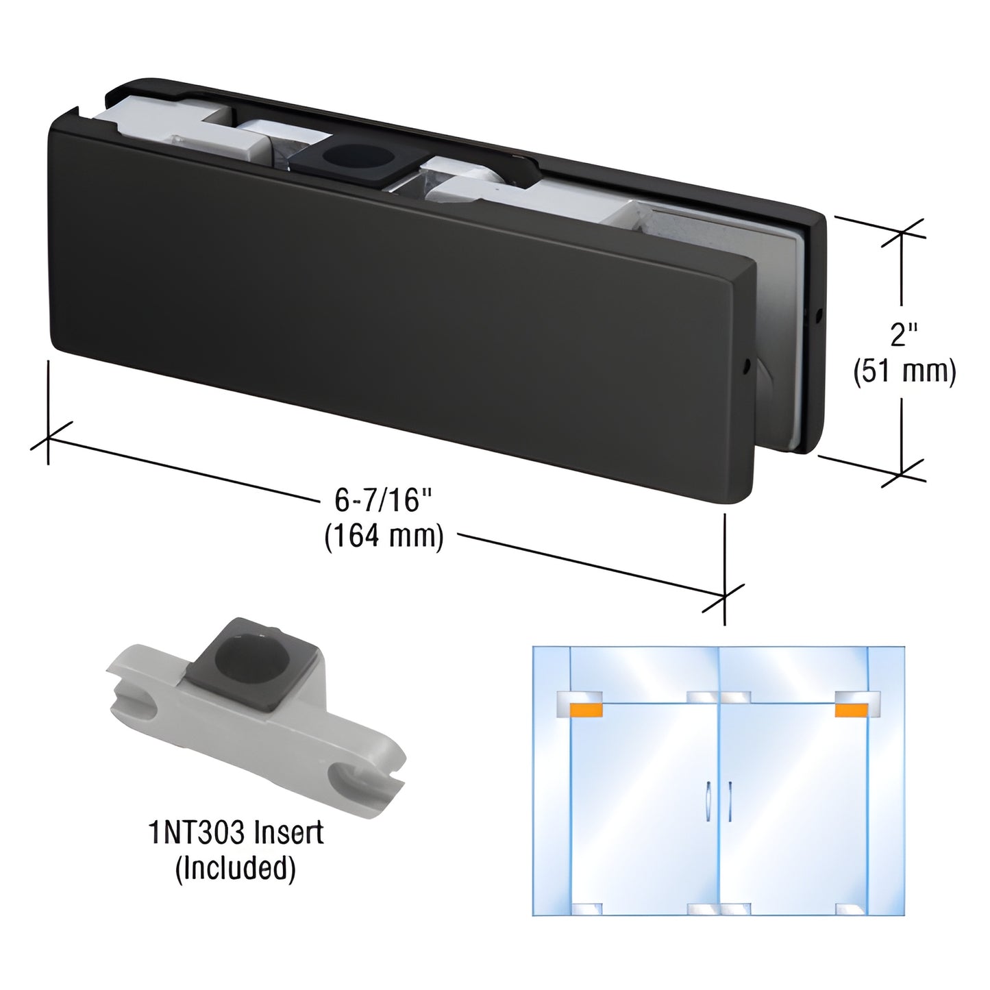 PT2034MBL matte black DORMAKABA top patch fitting for 3/4" glass, 6-7/16" long with 1NT303 insert (shown)