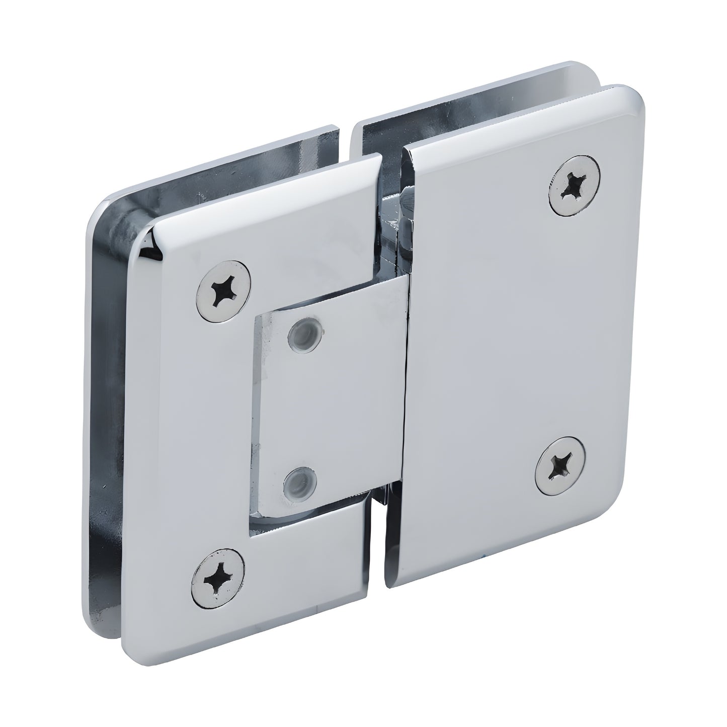 P1N380CH polished chrome adjustable glass-to-glass shower hinge, solid brass, beveled profile, self-centering.