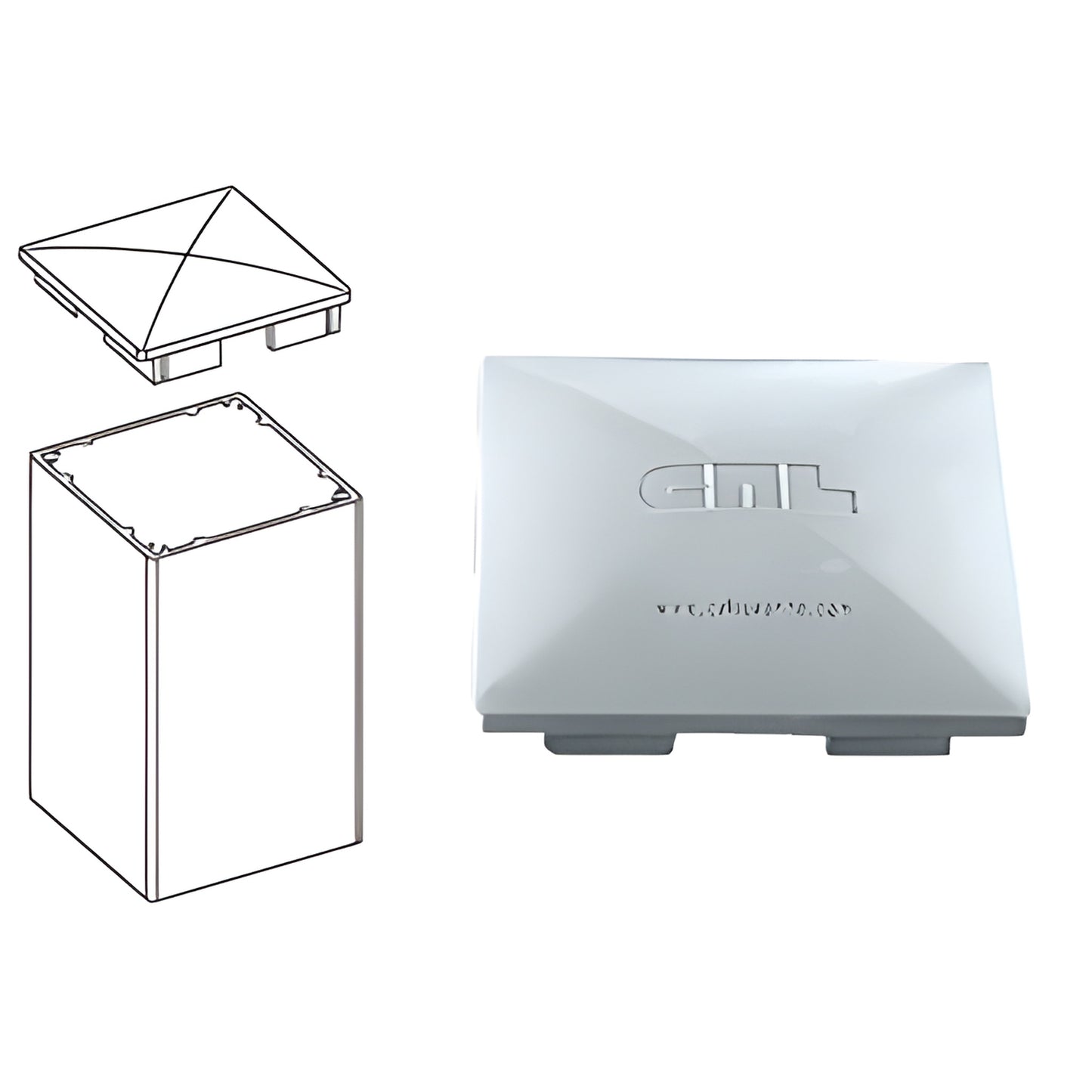 PC4M mill-finish aluminum 4x4 pyramid-style post cap with installation diagram, durable exterior deck/fence topper.