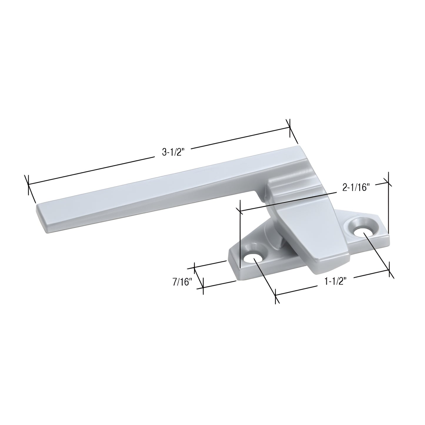Casement cam-handle locking hardware WH24011L in clear anodized finish, lever and base with mounting holes, dimensions shown