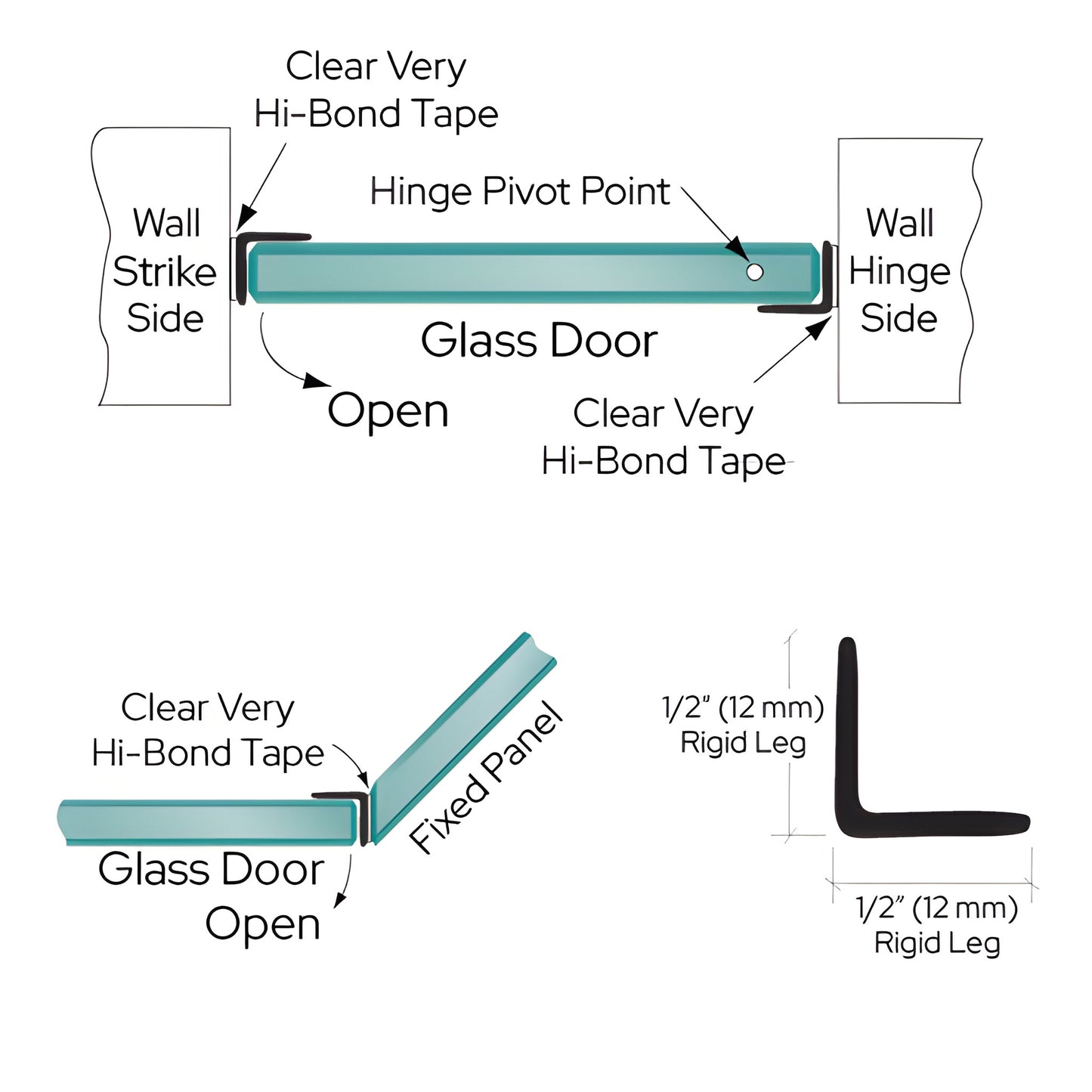 Black polycarbonate L-angle jamb (CRL P12LJBL) for 1/4-1/2 in. glass, hinge/strike use in neo-angle shower installations.