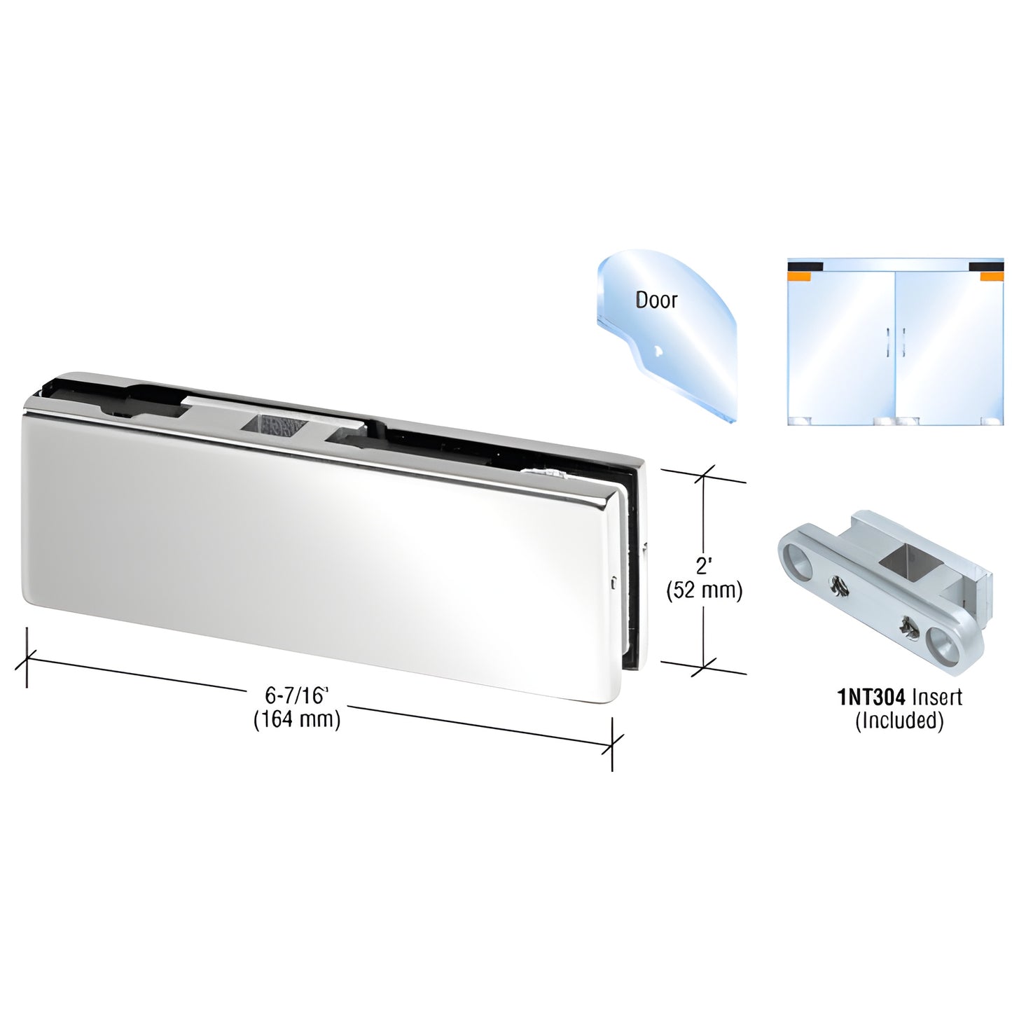 PH20BPS polished stainless top door patch fitting for 3/8-1/2" glass, 6 7/16" 2", includes 1NT304 insert.
