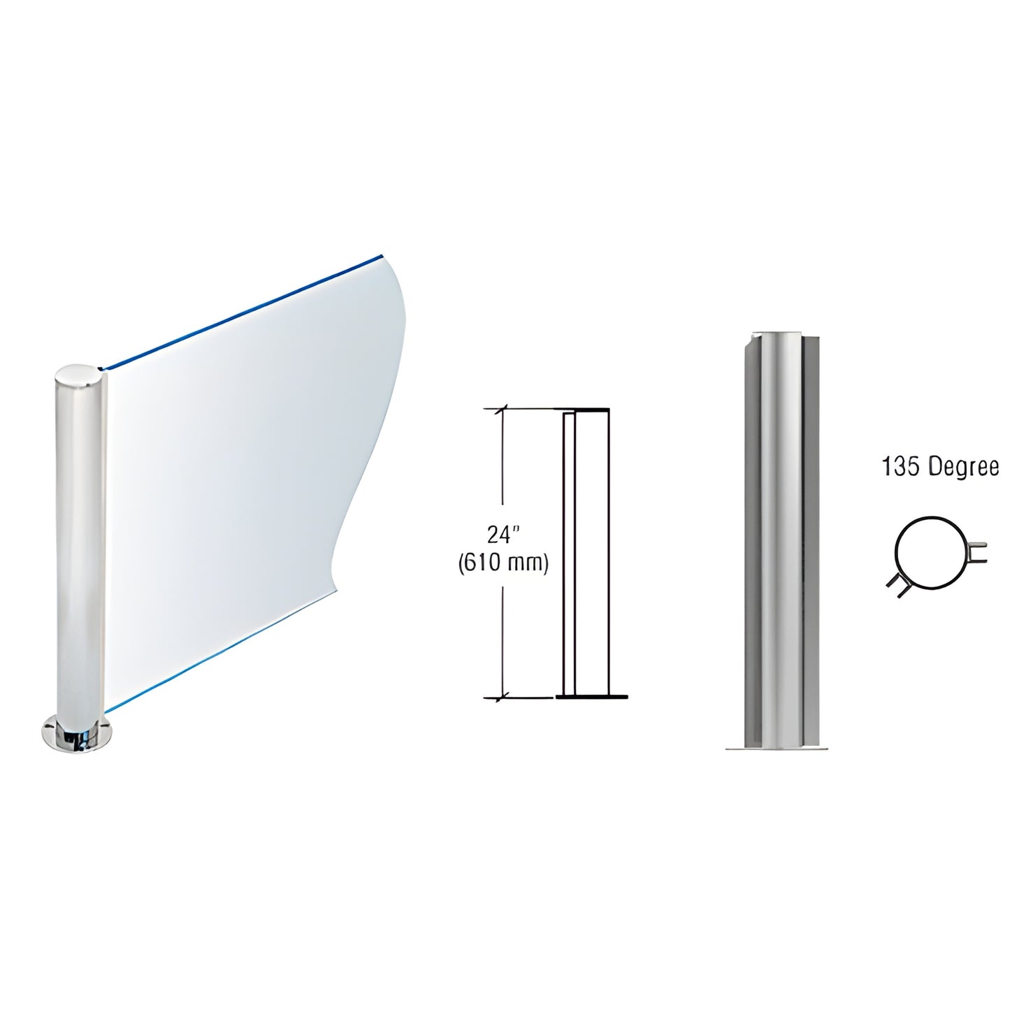PP082438ABS 24" brushed stainless 135 round glass partition post, U-channel for 3/8" (10mm) glass