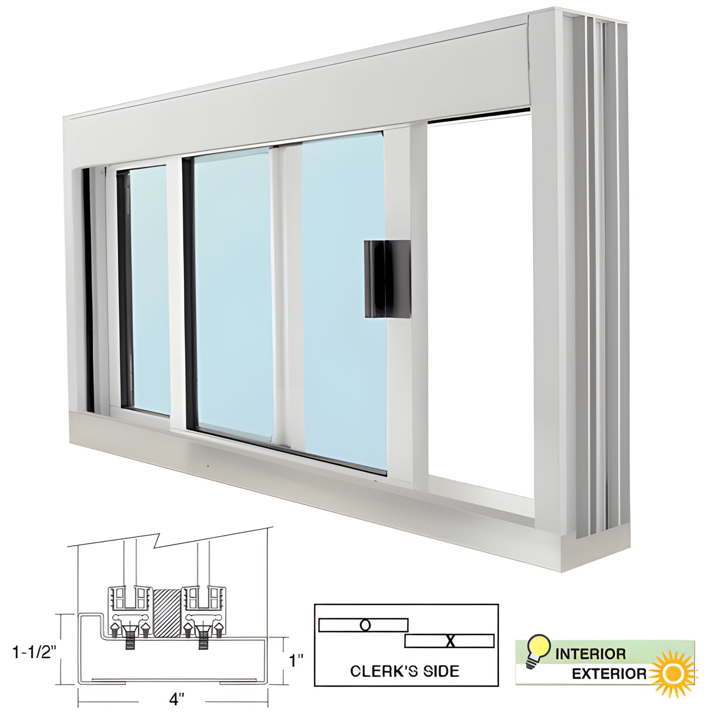 Satin anodized aluminum 48x36 sliding service window with 1/4" tempered glass, self-latching handle and step-sill.