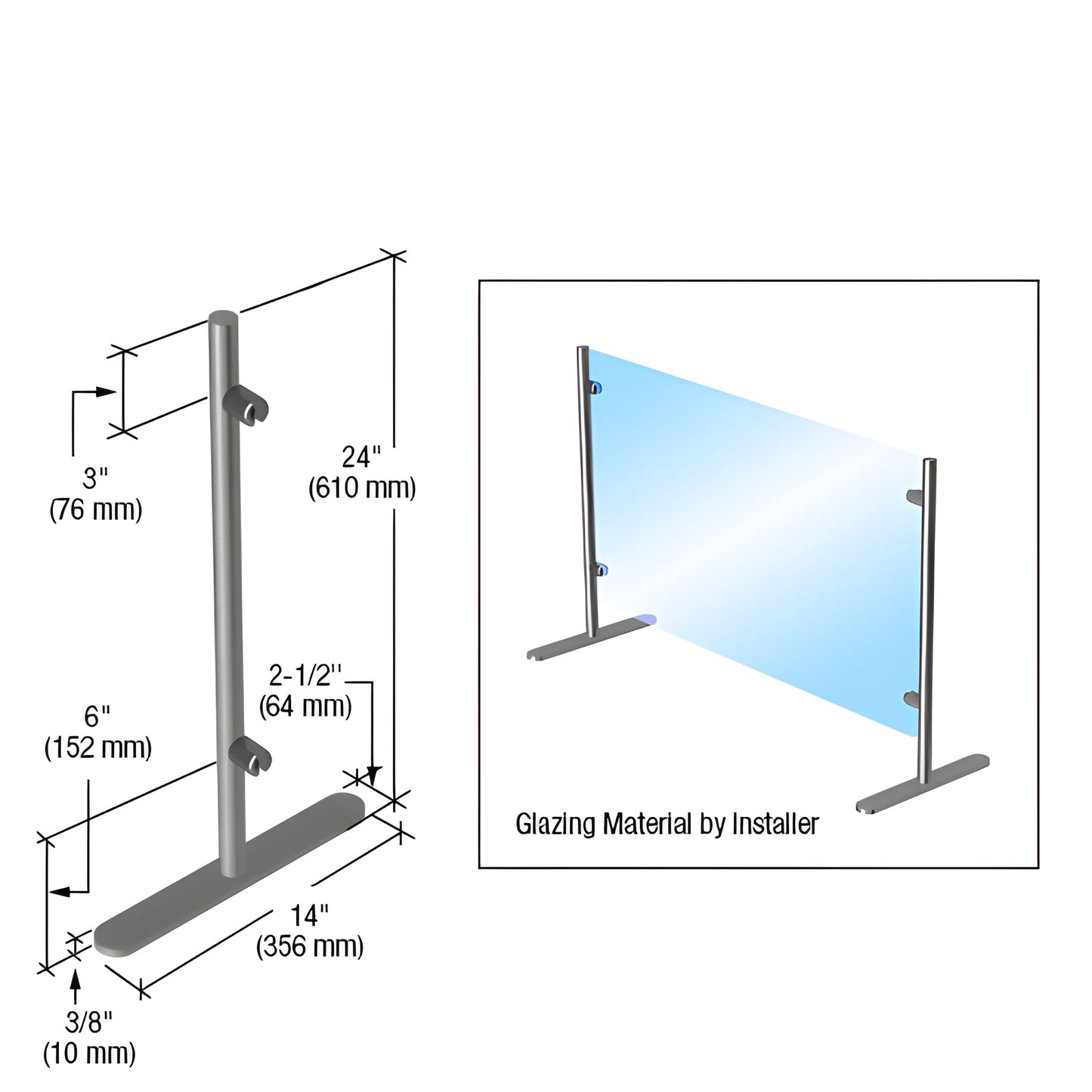 PP24E stainless steel freestanding end post for 24" partition, 14" base, fits 1/4-3/8" glass or acrylic.