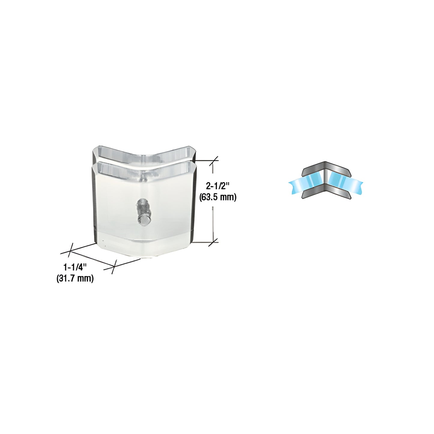 AMC135 clear acrylic 135 mall glass clamp, 2.5in H x 1.25in W, for 3/8-1/2in tempered glass, chrome cap
