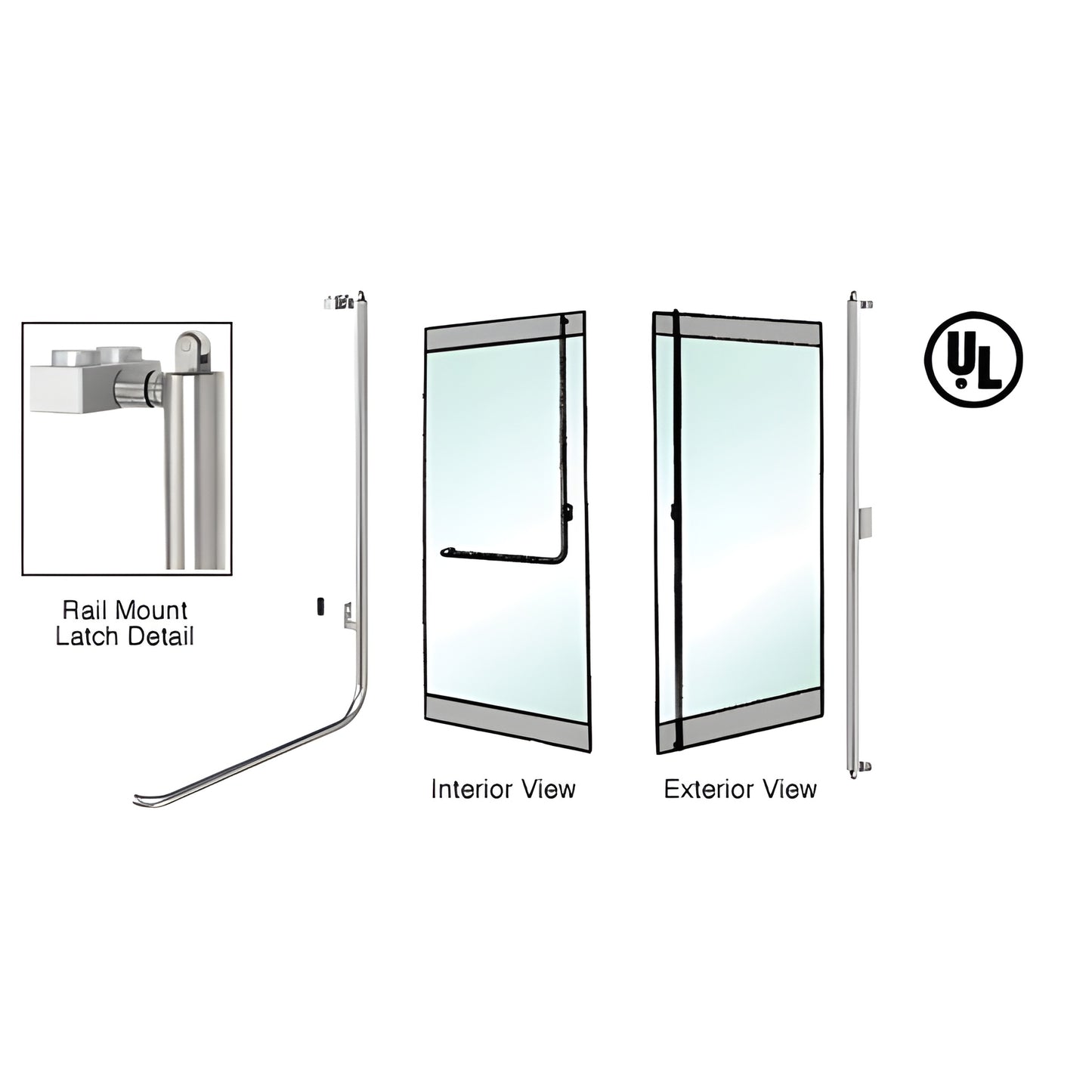 PA100F3RPBS brushed stainless 1-1/4" tubular panic handle for glass doors, rail-mount interior view with top latch.