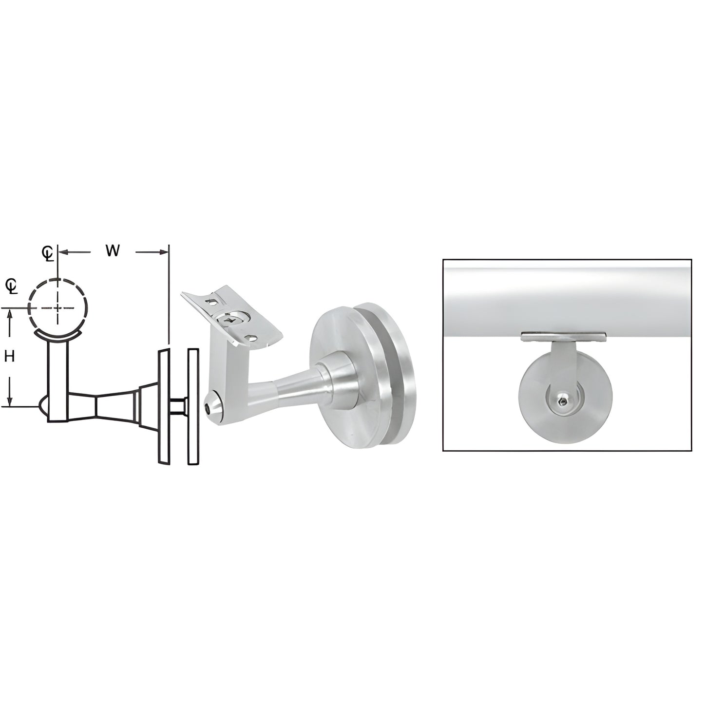 HR2SGMA adjustable glass-mounted aluminum handrail bracket, mill finish; fits 1-1/2-2 in tubing, 2-7/8 in projection.