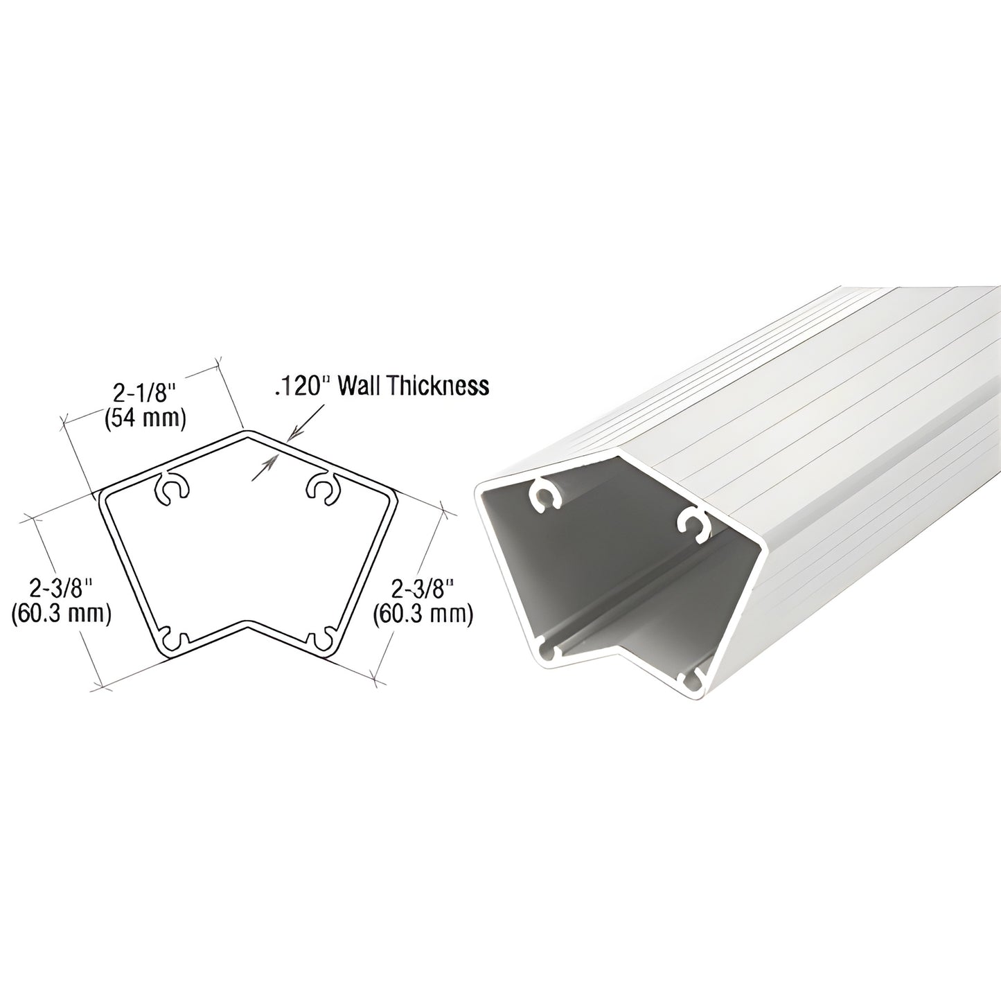 Sky White aluminum 135 post (SKU P536W), hollow pentagonal profile, 2 3/8" height, .120" wall, 20' stock length.