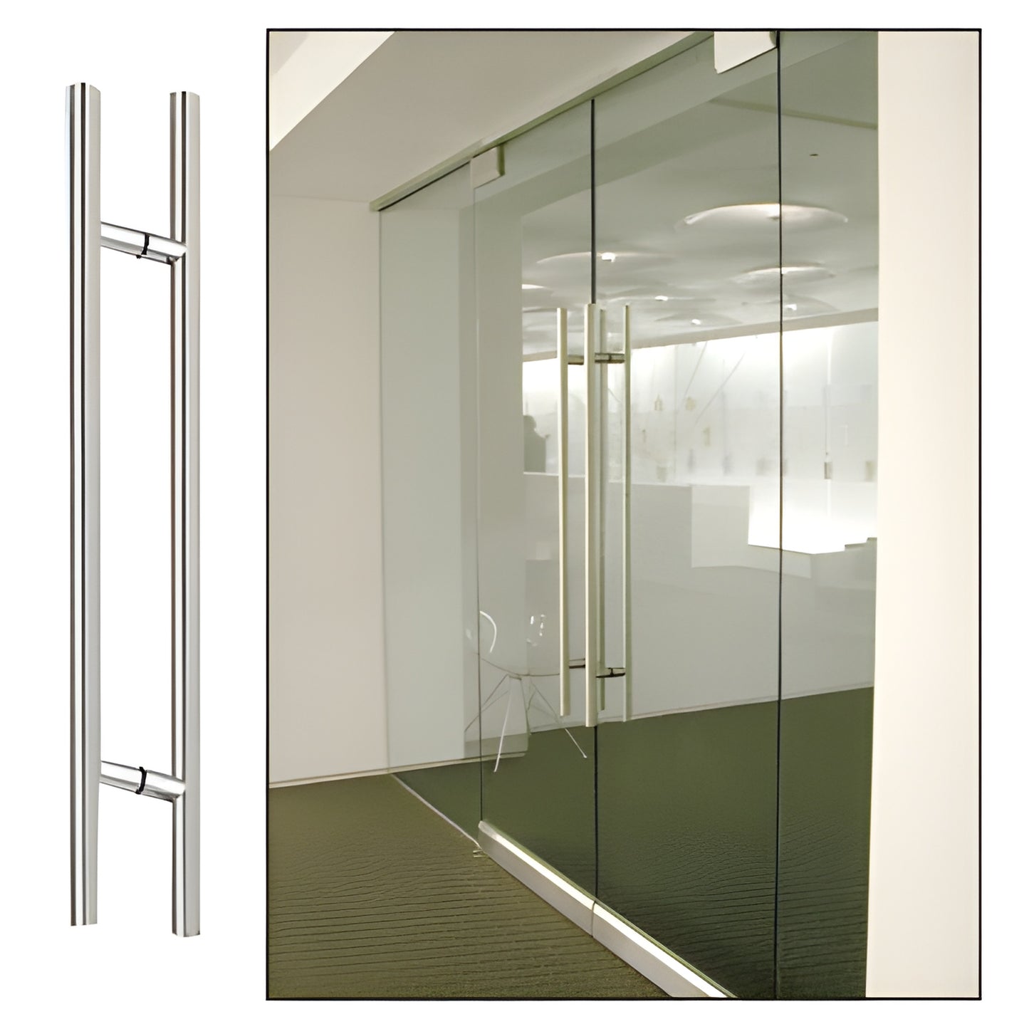 Polished stainless steel 66 in straight ladder pull (SKU 66LPPS), back-to-back glass door handle, 1-1/4 in diameter.