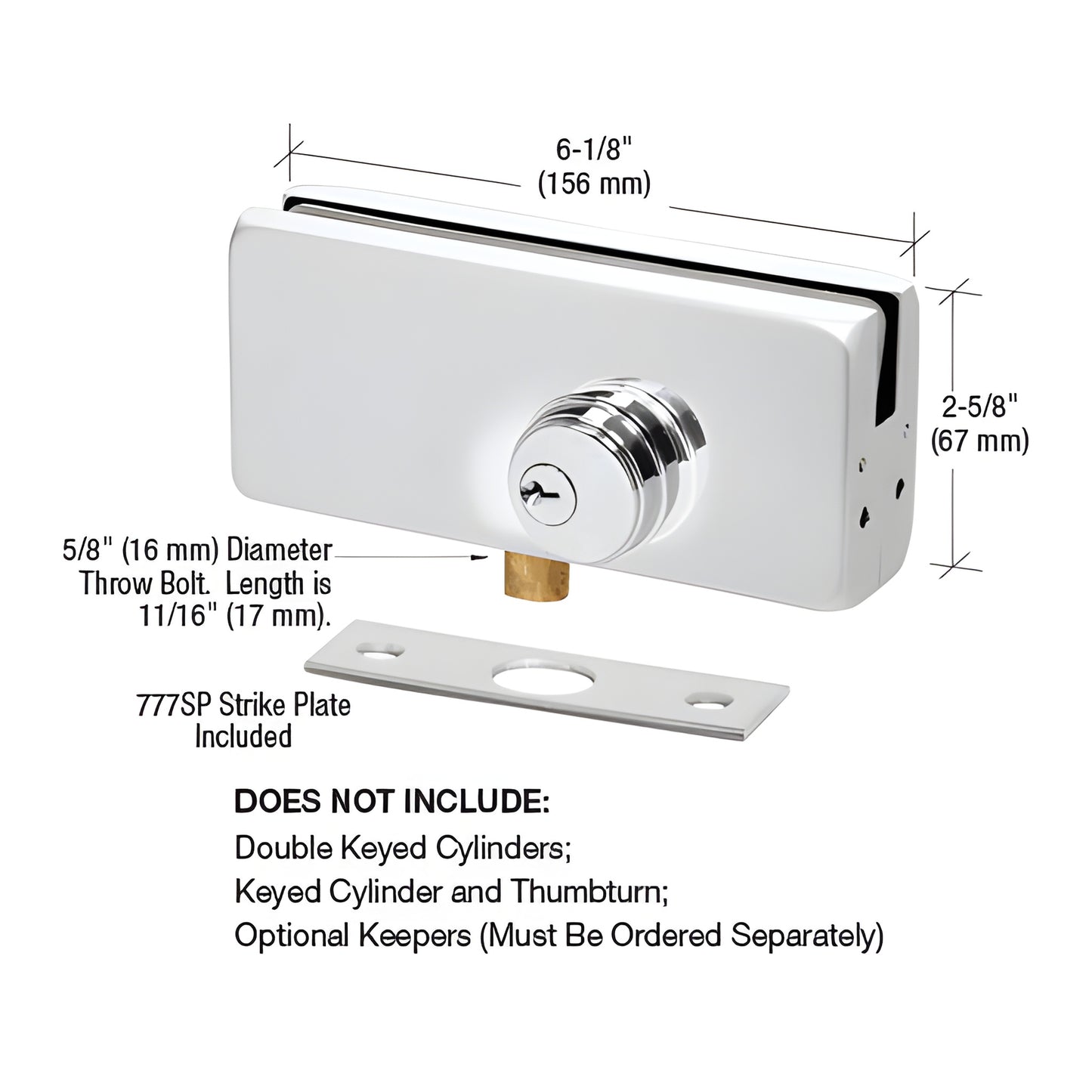 Polished stainless patch lock AMR215PS for 3/8-1/2 in glass, corner top/bottom mount, 6-1/8 2-9/16 in