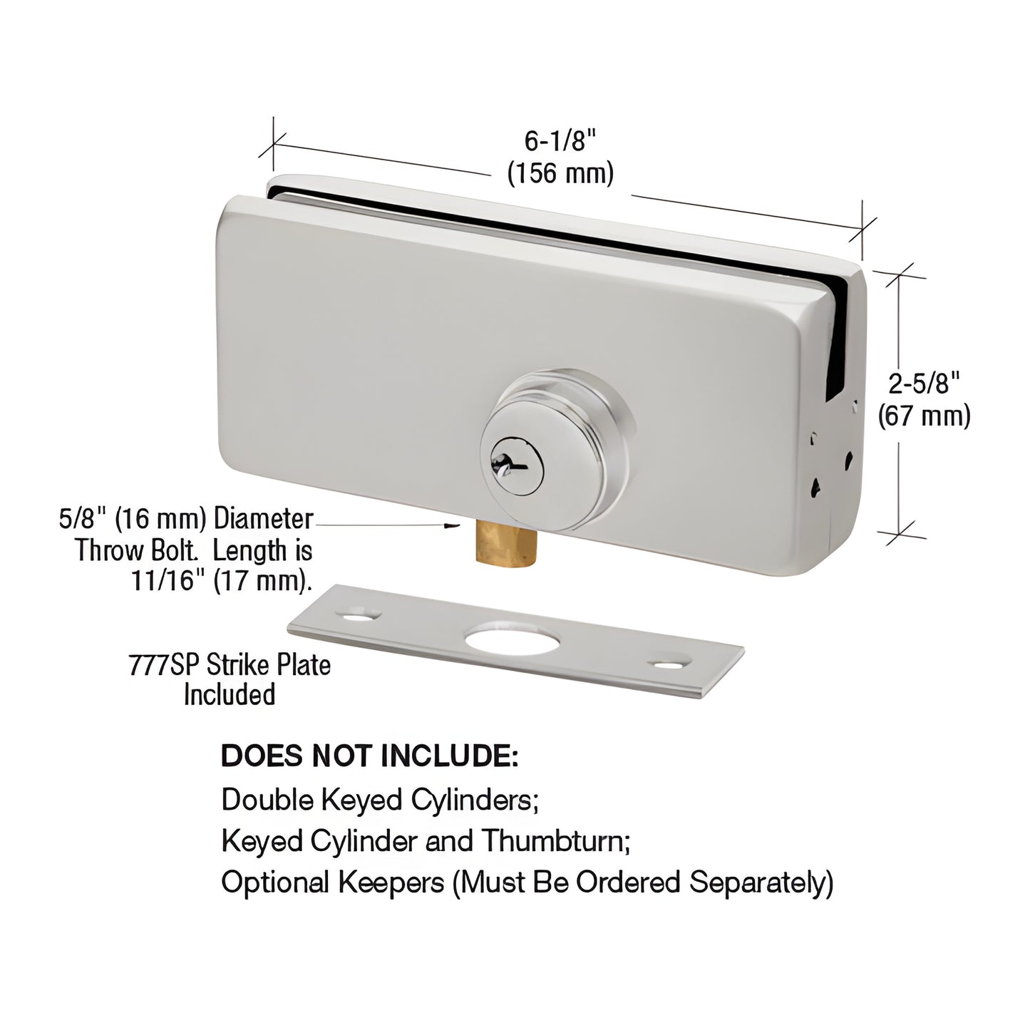AMR215BS brushed stainless steel patch lock for frameless glass doors, 6-1/8 x 2-9/16 in, corner mount