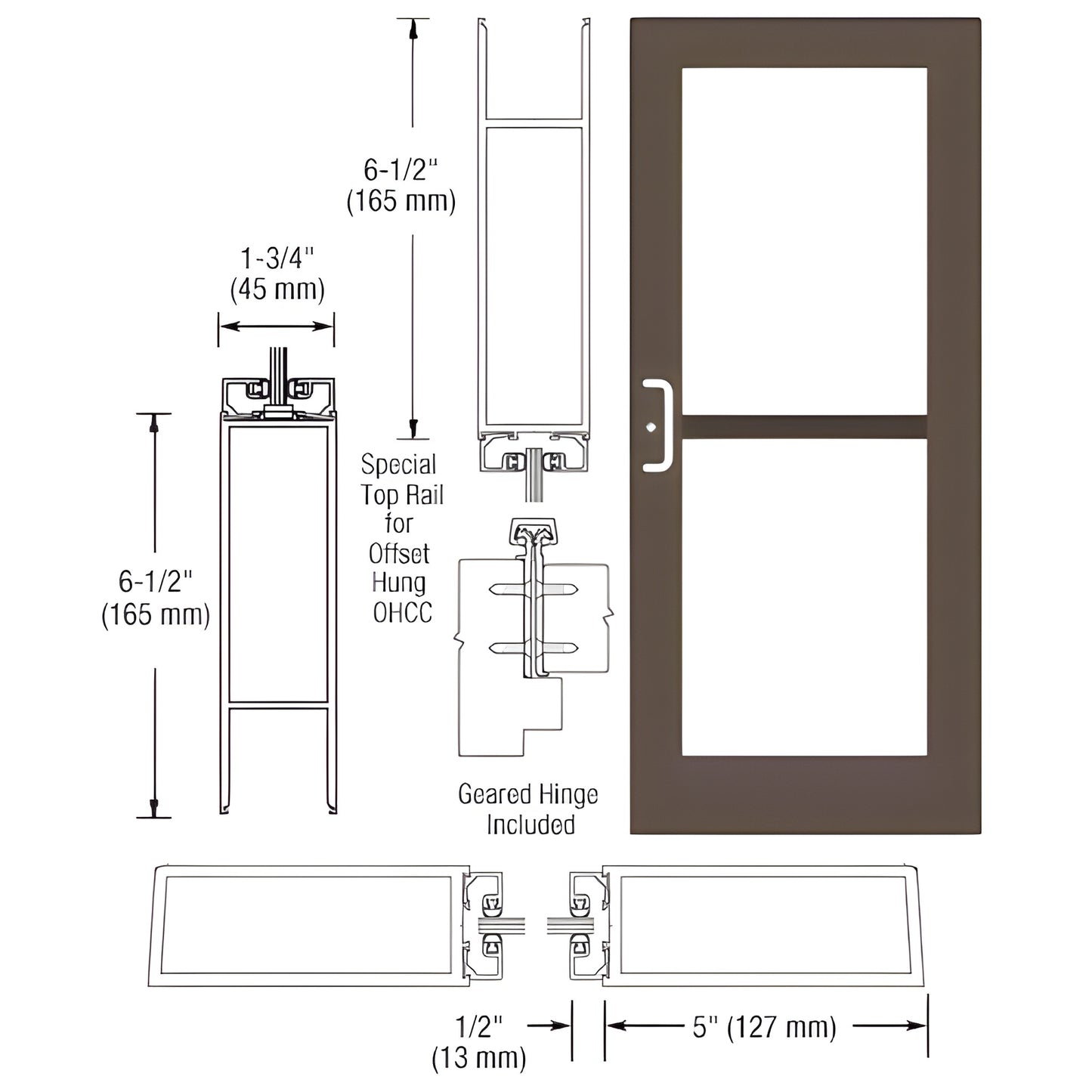 DZ51922: Black bronze anodized commercial wide stile entrance door, 5" stiles, 6.5" bottom rail, glass openings, geared hinge