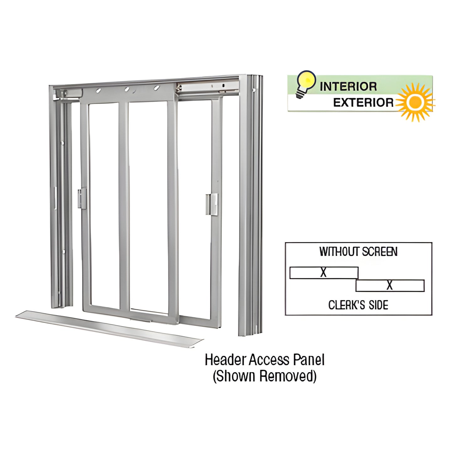 DW4200A two-panel satin anodized manual sliding service window frame with header access panel removed.