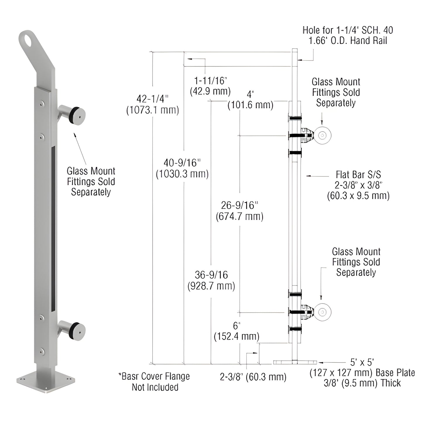 P242LEBSC stainless steel surface-mounted glass railing post, 42 in high, 5x5 base plate, fits 12-25 mm glass panels
