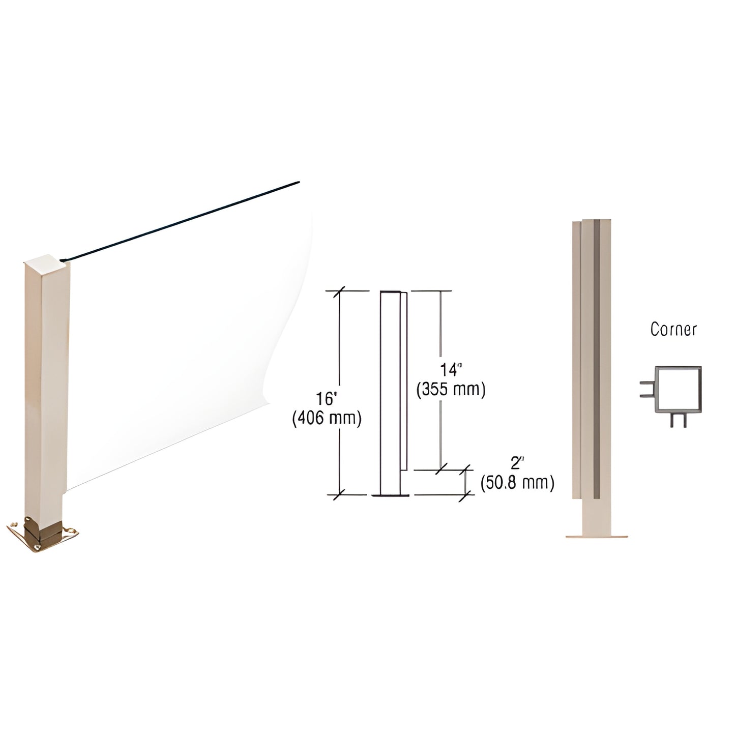 16" stainless steel square corner glass post with U-channel for 1/4" glass, welded base and flat cap - SKU PP41LBS