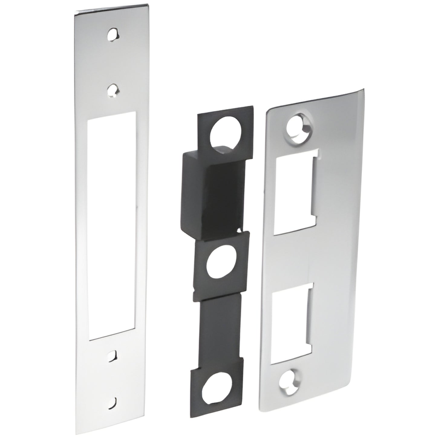 DL4520 brushed stainless steel lock strike set - two strike plates with black dust box and aluminum back-up plate for doors.