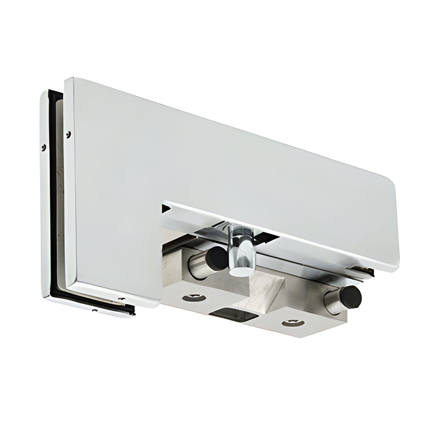 Satin anodized PH40 glass door patch stop/strike (PH40PKLSA) for 3/8-1/2" tempered glass, left-hand fitting.