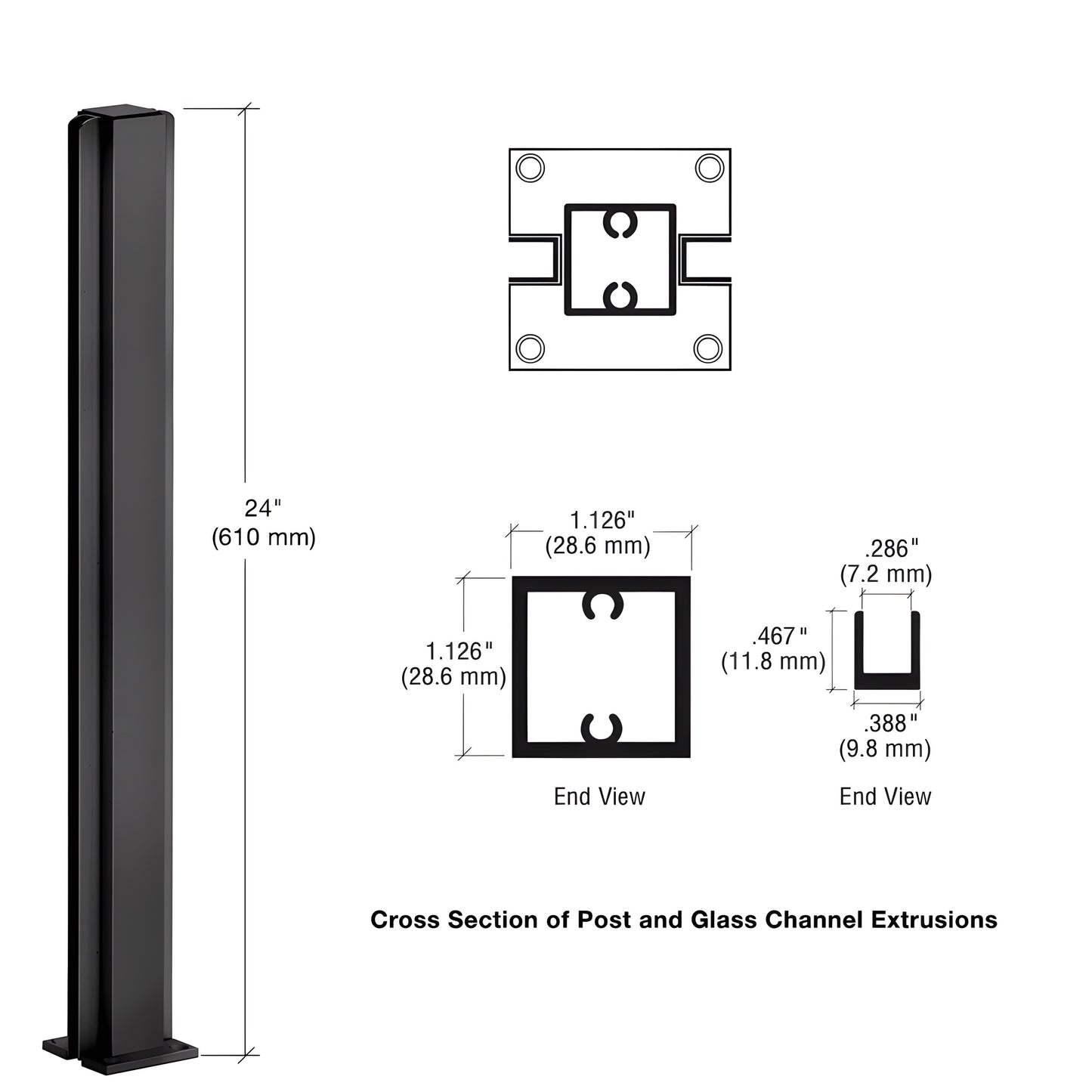 D990DU24C dark bronze anodized 24" aluminum square partition post, center U-channel for 1/4" (6mm) glass