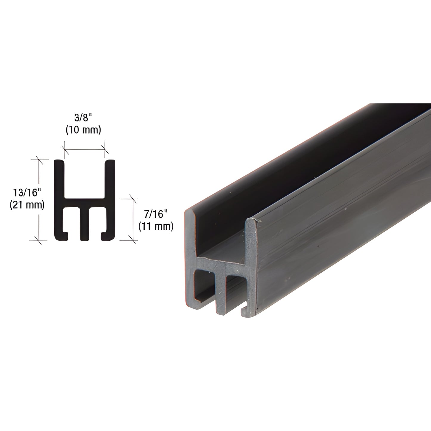 CR3PVB black vinyl CRS cap rail gasket/profile for 3/8-1/2" (10-12 mm) tempered glass, shown cut end, 120" stock length