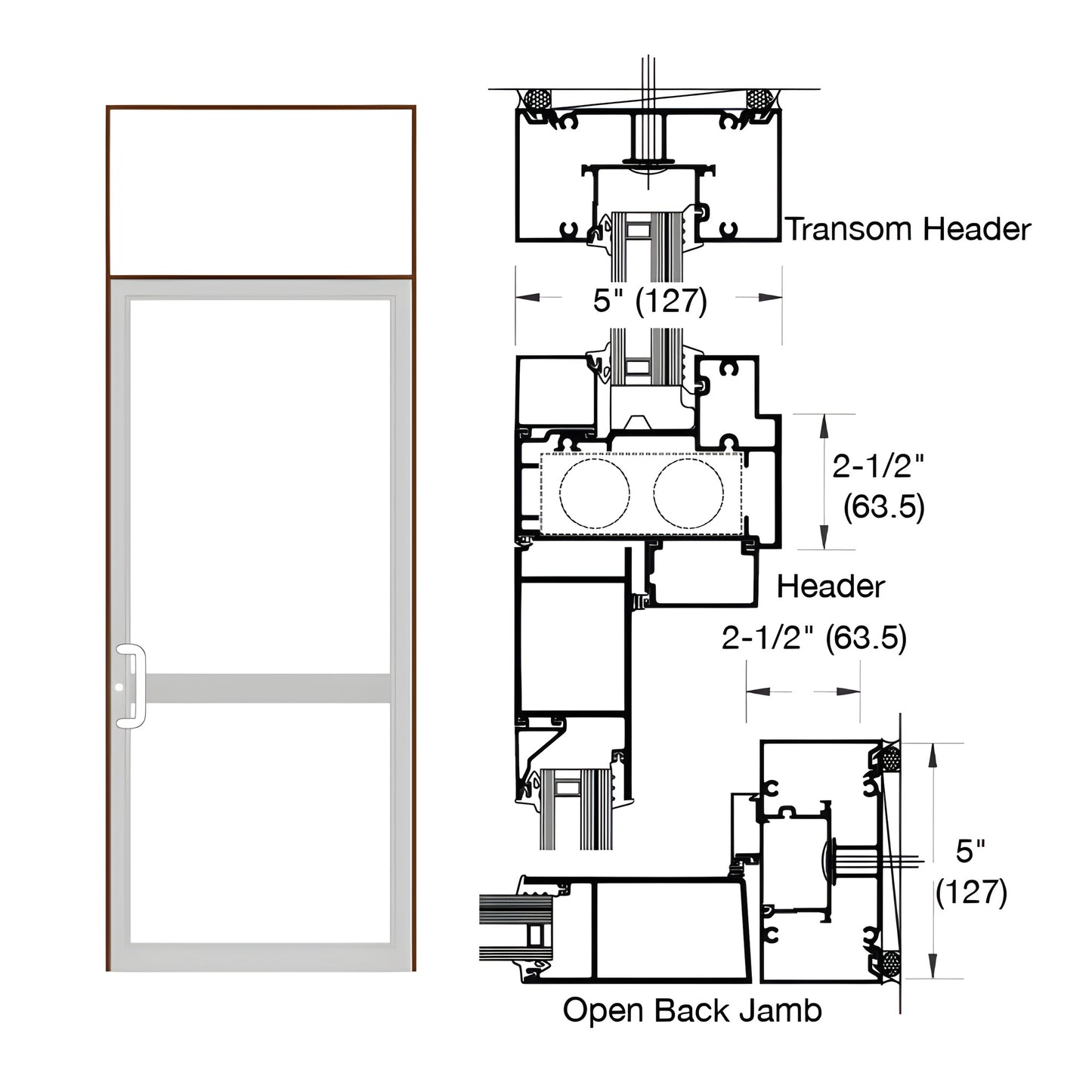 SKU 0P91422: black bronze single transom door frame for 1-5/16" impact glazing, 2-1/2" x 5" jamb/header, hinge prep.
